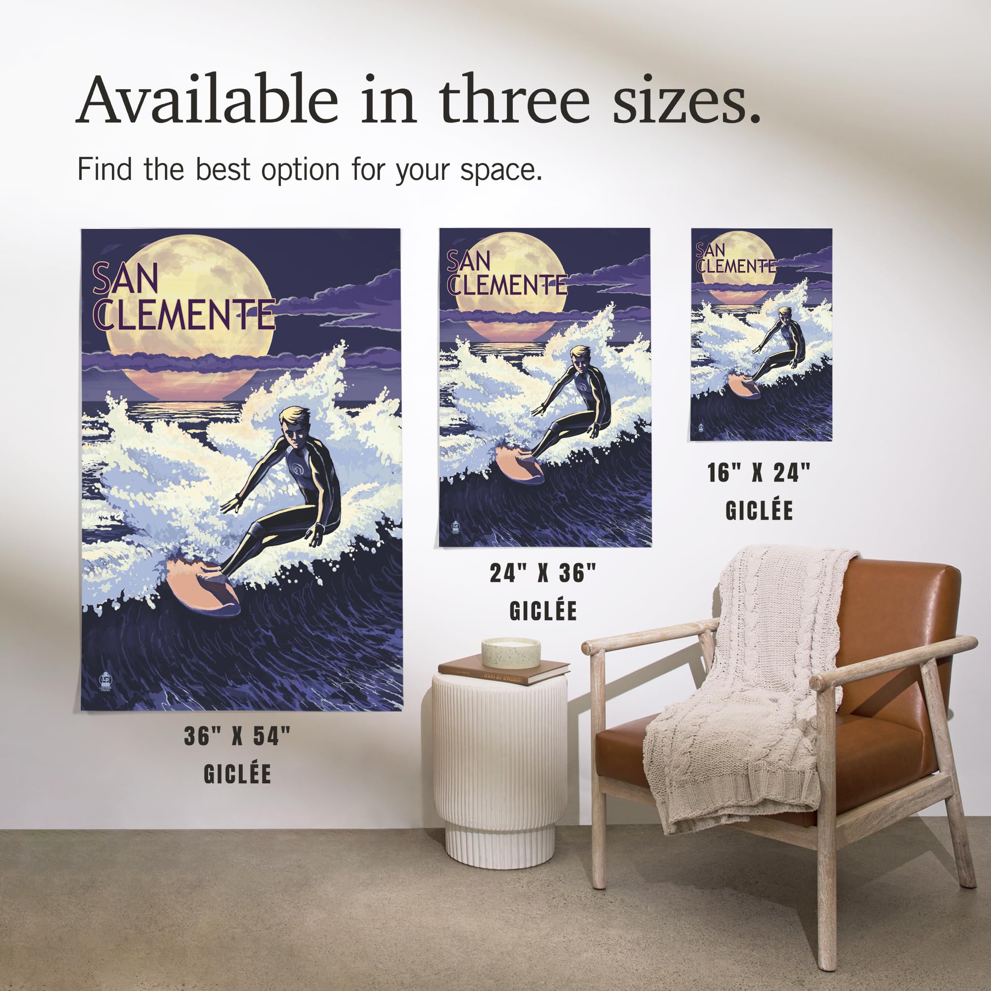 Lantern Press 16x24 Inch Giclee Art Print - San Clemente Beach California Night Surfer Wall Decor - Perfect for Living Room, Bedroom & Coastal Home Decor
