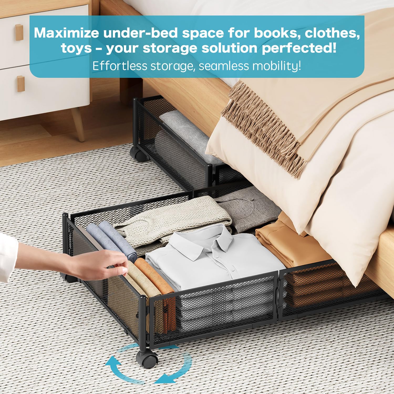Under Bed Storage with Wheels - Large Foldable Metal Space-Saving Organizer for Shoes, Clothes & Bedroom Items (2-Pack, Black) | Perfect for Small Spaces, Dorm Rooms & Apartment Storage Solutions