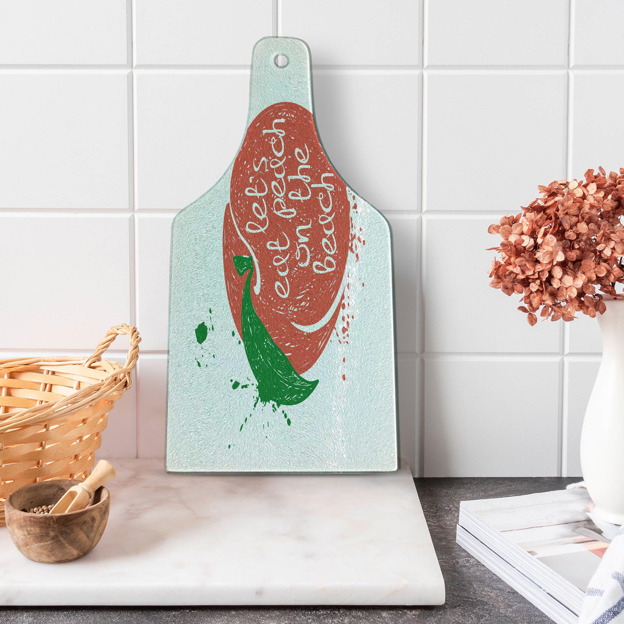 Ambesonne Peach Themed Tempered Glass Cutting Board - Decorative Serving Tray with Fruit Design, Stem & Leaf Pattern - Perfect for Beach Picnics, Wine Parties & Kitchen Decor - Green Coral White Wine Bottle Shape