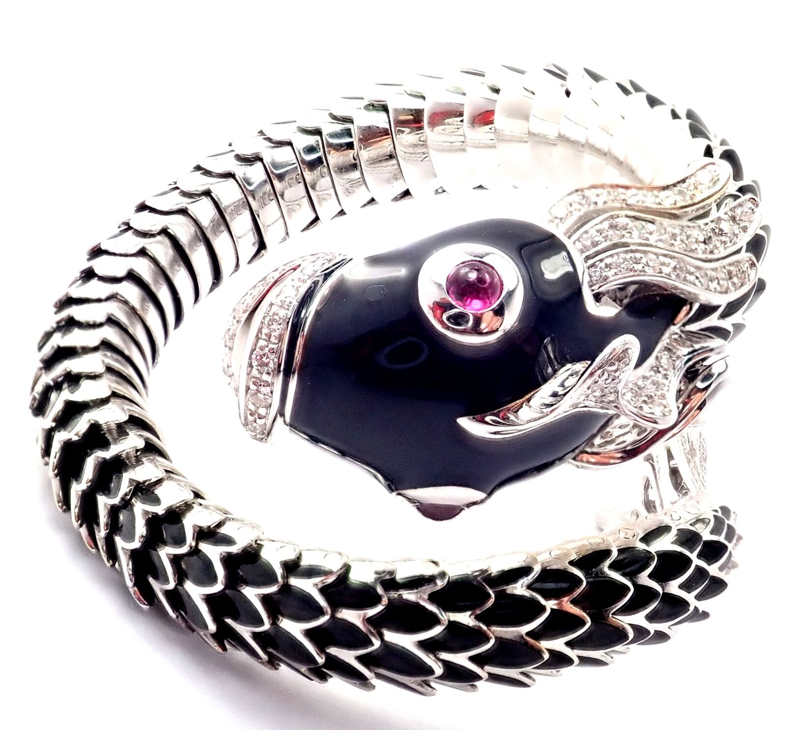 Authentic Roberto Coin Nemo 18k White Gold Diamond & Ruby Enamel Cuff Bracelet | Luxury Jewelry for Women | Perfect for Weddings, Parties & Special Occasions