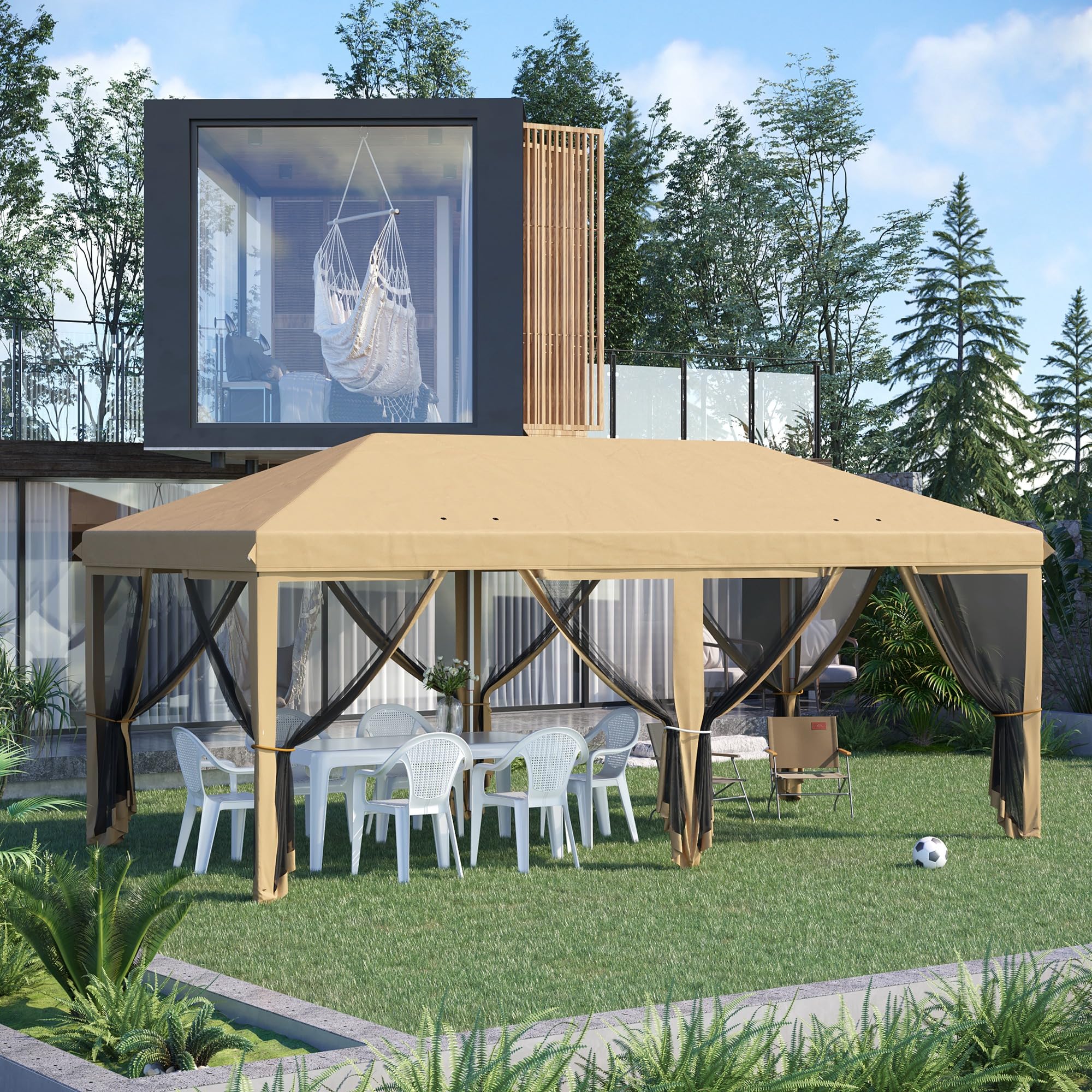 Outsunny 10' x 20' Heavy Duty Pop Up Canopy Tent with Netting - Instant Sun Shelter for Outdoor Parties, Camping, Beach & Backyard - Includes Carry Bag (Beige)