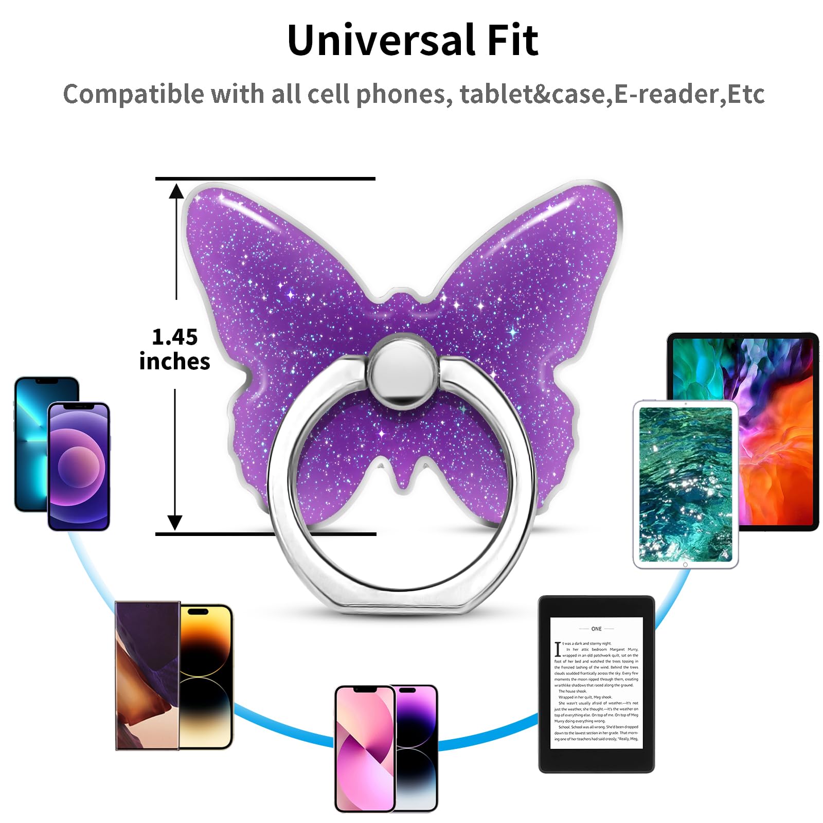 Sparkling Butterfly Phone Grip Stand - Glittery Purple Cell Phone Ring Holder for Women & Girls | Compatible with iPhone, Android Smartphones, Tablets & E-Readers | Perfect for Selfies, Reading & Hands-Free Use (PU Leather Butterfly Design)