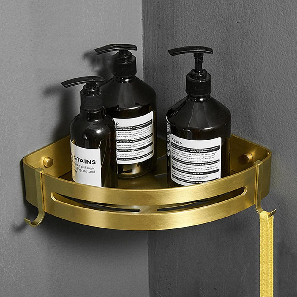 FQYEP No-Drill Shower Storage Shelf with Hooks - Adhesive Wall Mounted Aluminum Shower Basket for Bathroom & Kitchen (Gold) - Perfect for Small Spaces & Organizing Toiletries