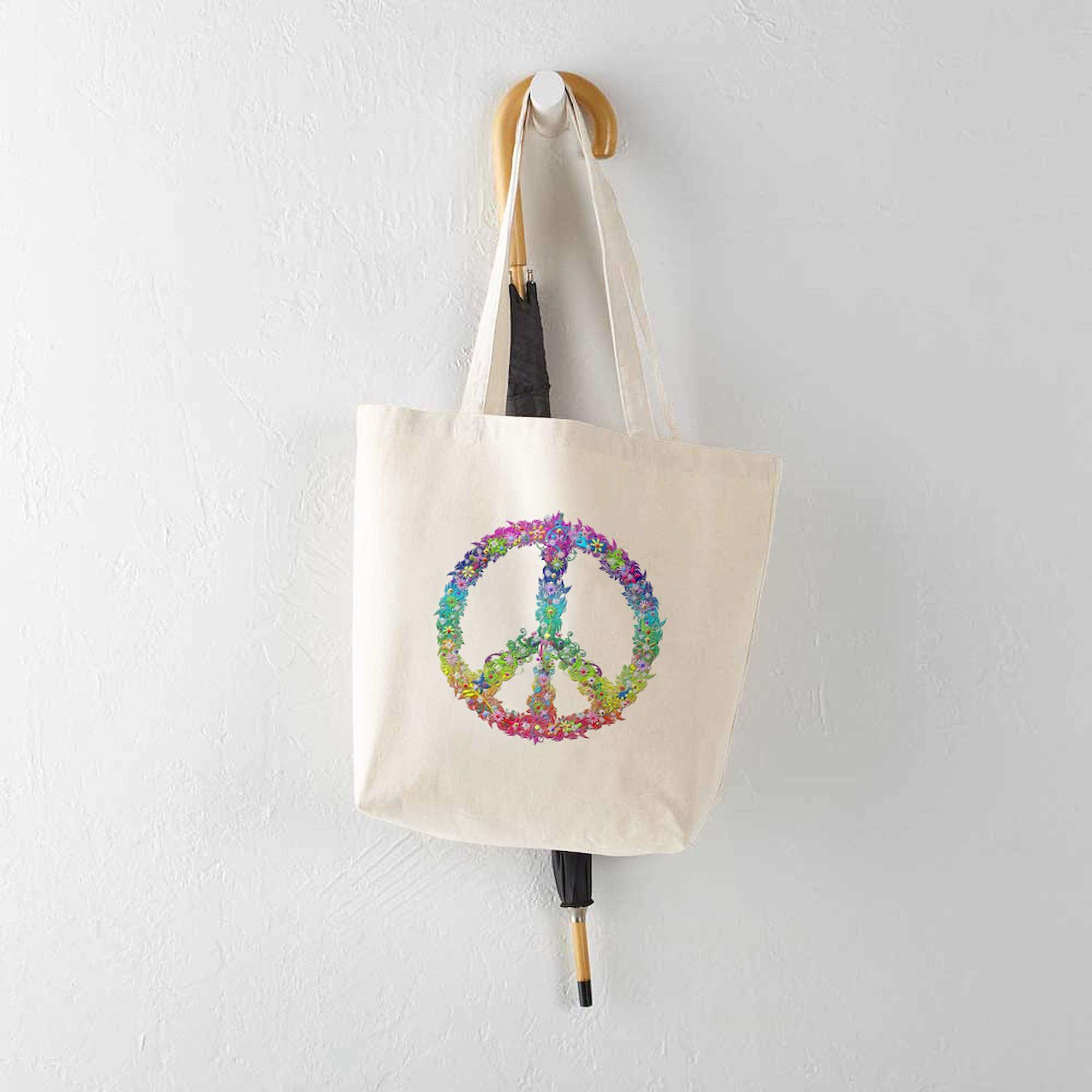 Eco-Friendly Natural Canvas Tote Bag - Peace Of Flowers Design | Reusable Shopping & Grocery Bag for Women | Perfect for Beach, Farmers Market & Daily Use