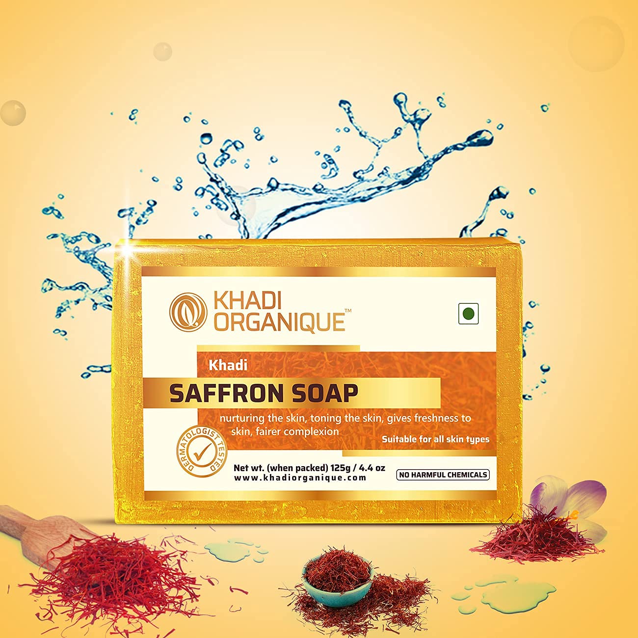 Khadi Organique Handmade & Herbal Soap Set - 2 Sandalwood & 2 Saffron Soaps (4x125g) | Natural Ayurvedic Skincare for Face & Body | Perfect for Daily Cleansing & Relaxation