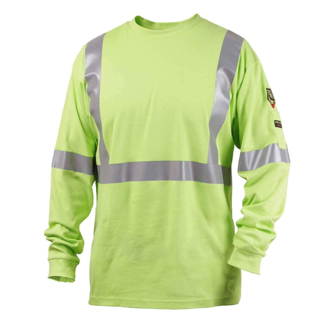 Black Stallion TF2511 NFPA 2112 & NFPA 70E Certified Flame Resistant Cotton Long Sleeve T-Shirt with Reflective Tape - Lime Green, Size Medium - Ideal for Electrical Work, Oil & Gas Industry, and Hazardous Work Environments