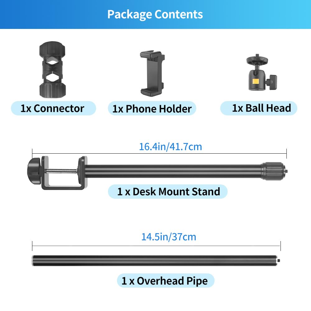 HEMMOTOP Overhead Camera Stand - Heavy Duty 360° Rotatable Webcam Mount for Desk, 4.4LBS Payload - Perfect for Vlogging & Cooking Videos