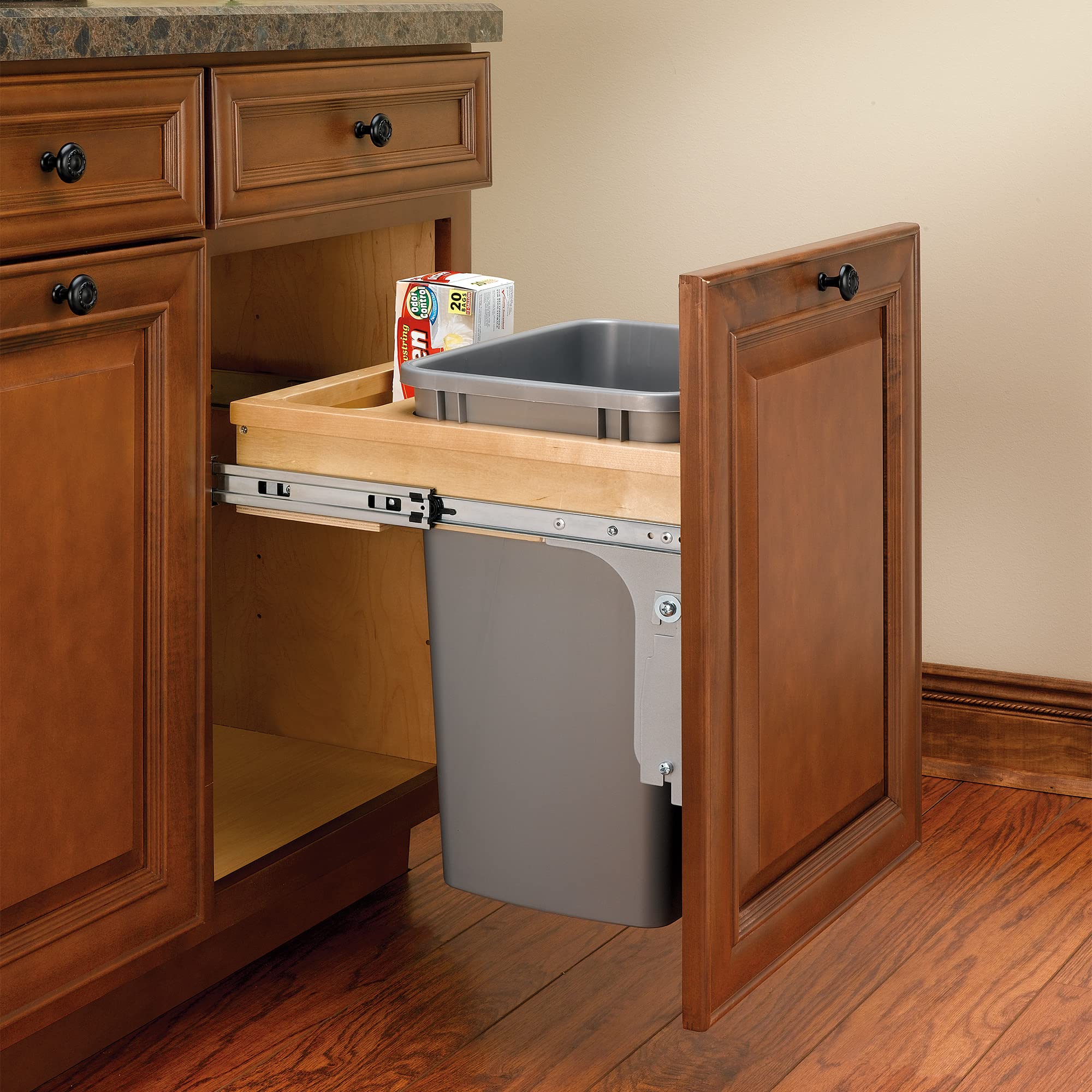 Rev-A-Shelf 35 Qt Pull-Out Trash Can with Wood Top - Slim Depth Under-Cabinet Garbage Bin, 15