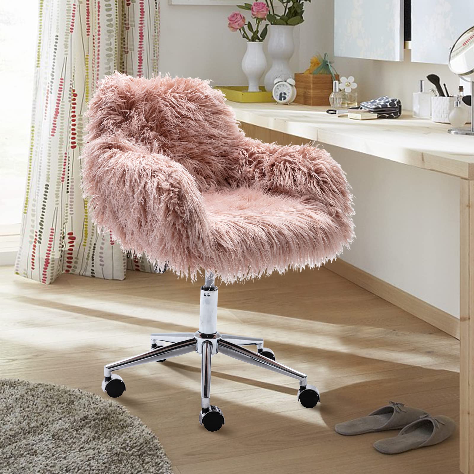 Yoluckea Modern Faux Fur Desk Chair - Adjustable Swivel Vanity Accent Chair with Soft Faux Fur, Pink Office Chair for Women & Girls - Perfect for Home Office, Living Room, Bedroom & Dressing Room Makeup Station