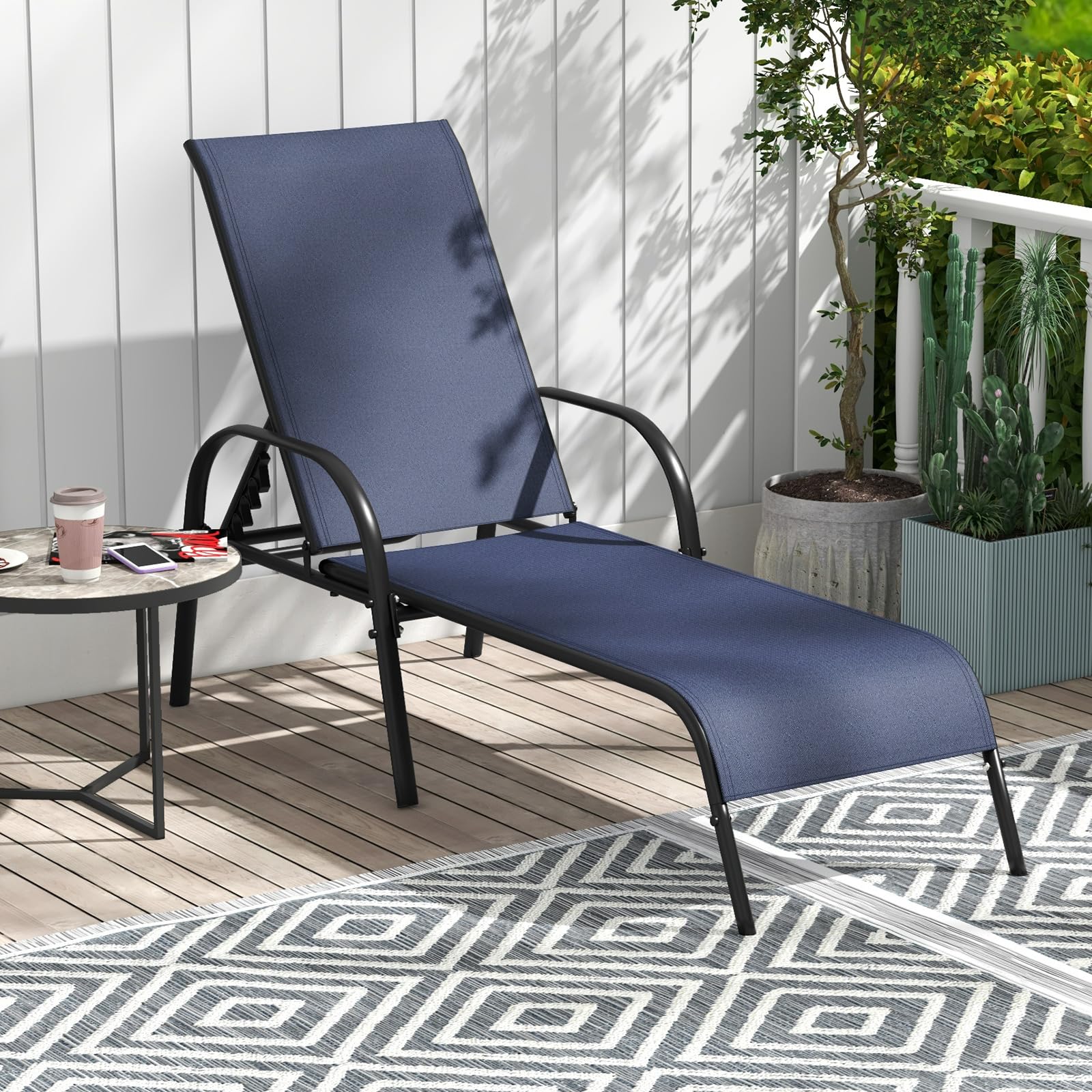 Giantex 2 Pack Adjustable Patio Lounge Chairs - Heavy Duty Steel Frame Outdoor Chaise Lounge with 5-Position Backrest - Perfect for Sunbathing, Beach, Poolside, Backyard & Balcony Relaxation - Navy Blue