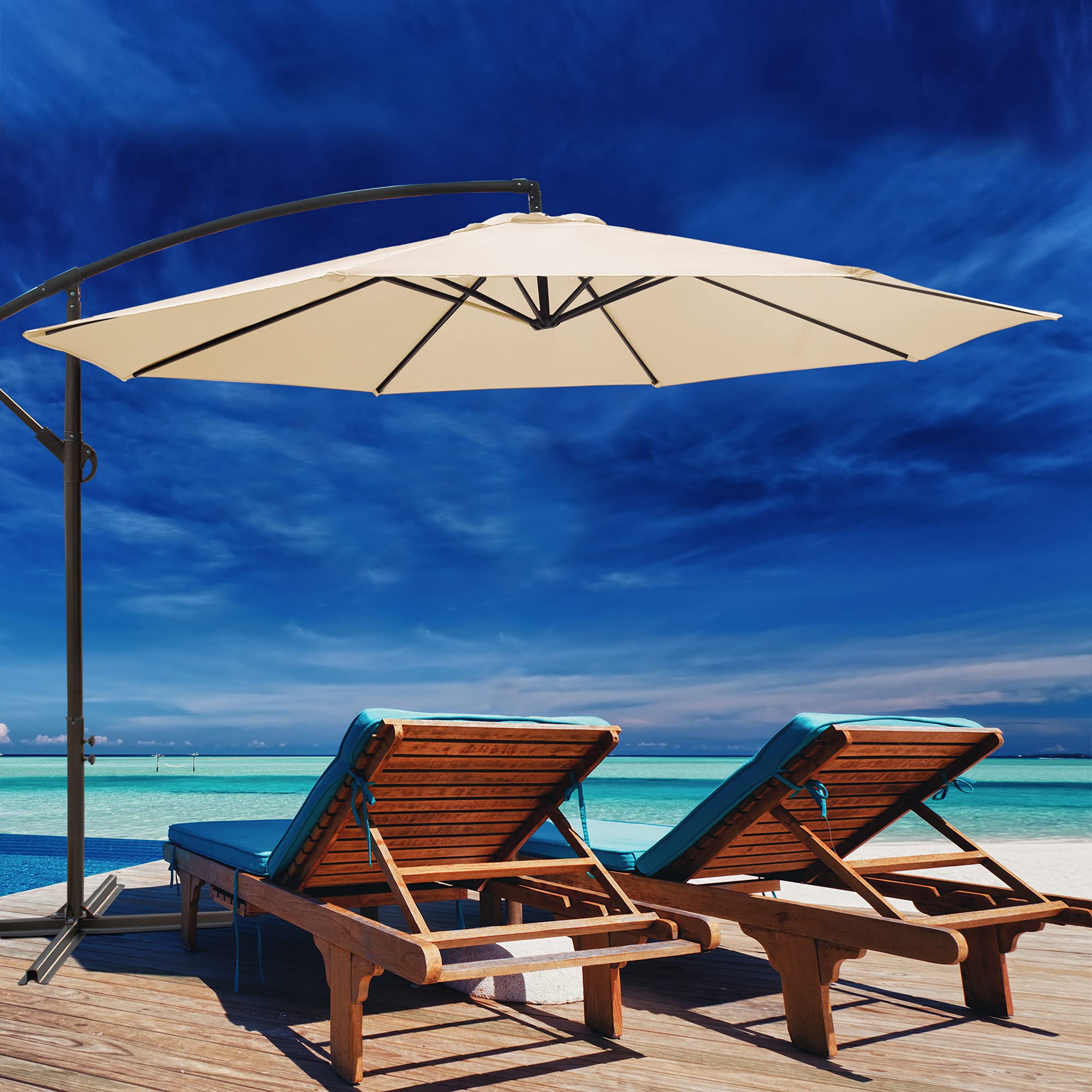 10FT Offset Cantilever Patio Umbrella with Crank & Cross Base - Beige Outdoor Hanging Market Umbrella for Backyard, Poolside, Lawn, Garden, and Patio Furniture Shade