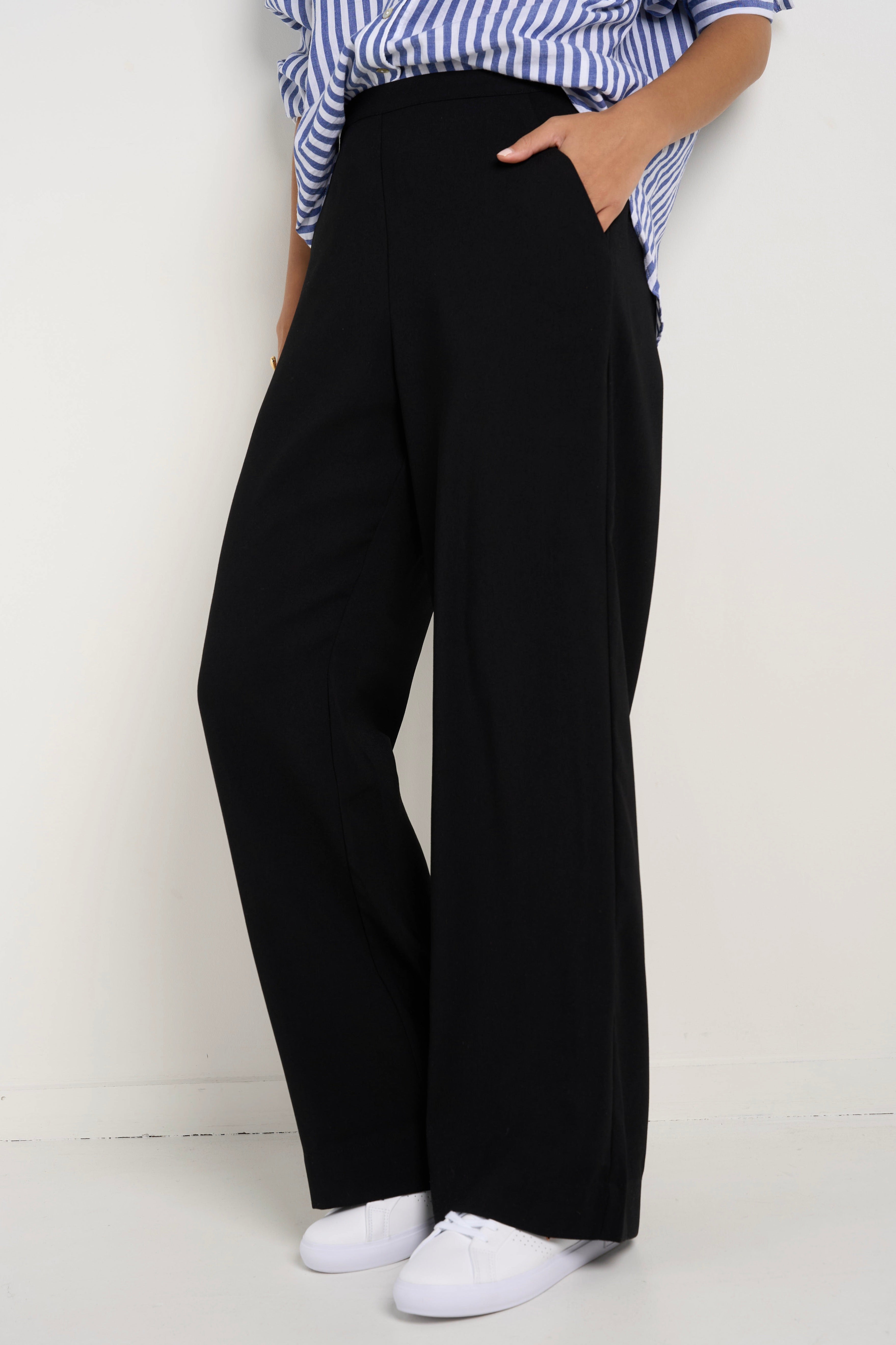 Best Life Black Soft Crepe Wide Leg Pants for Women - Comfortable High Waist Flowy Trousers for Work, Office & Casual Wear