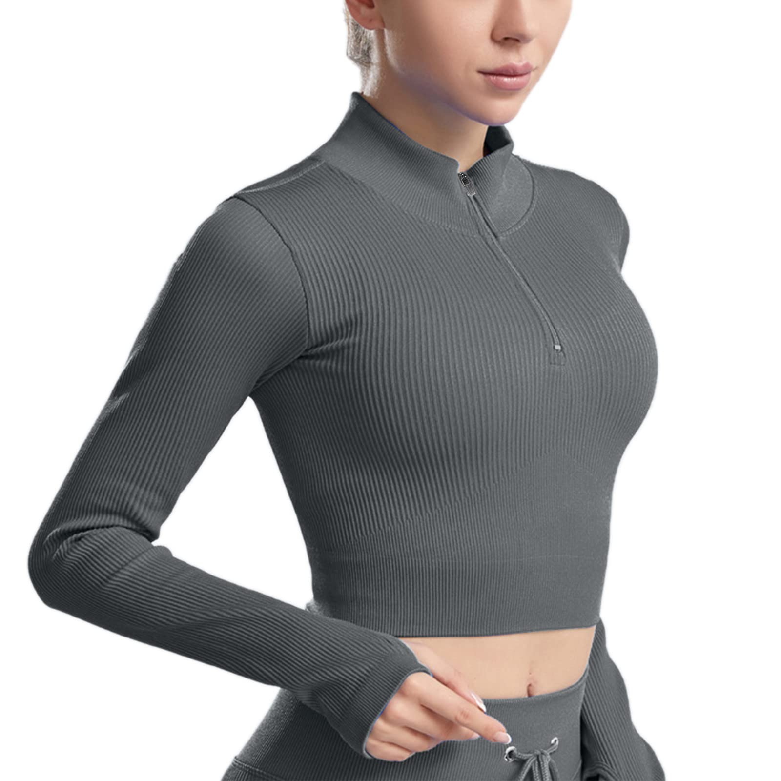 Sexy V Neck Long Sleeve Slim Crop Top for Women - Half Zipper Detail, Fashionable & Comfortable - Perfect for Date Night, Club Outfits & Casual Wear