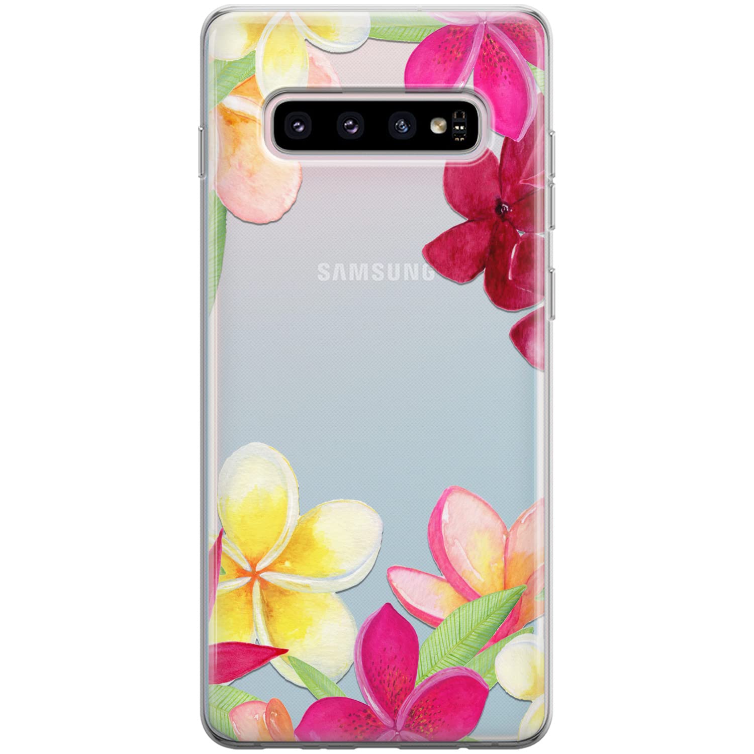 Samsung Galaxy S24 S23 Ultra S22 Plus S21 FE 5G S20 Note 20 10 Phone Case - Clear Silicone TPU Protective Cover with Tropical Hawaiian Floral Plumeria Design | Shockproof & Flexible for Everyday Use, Travel & Outdoor Activities