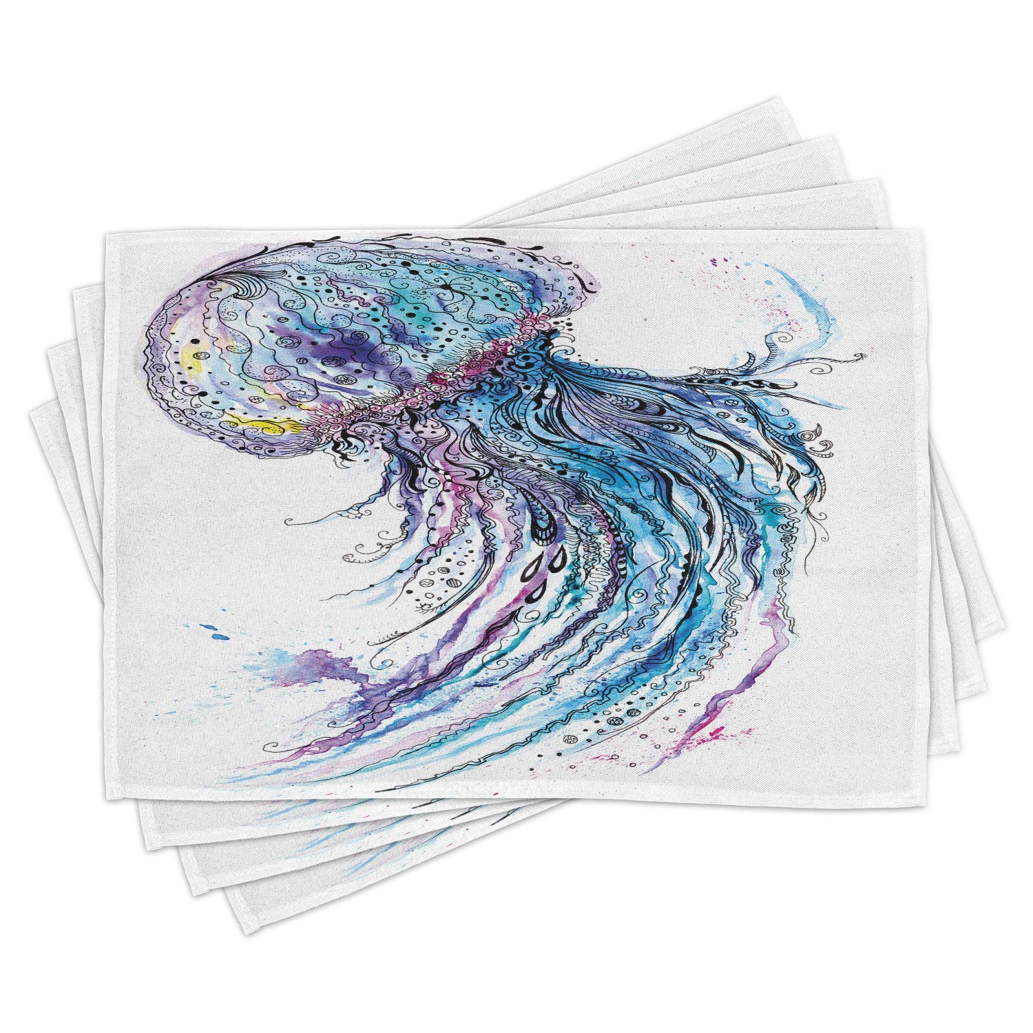 Ambesonne Jellyfish Place Mats Set of 4 - Aqua Blue Ocean Animal Print Washable Fabric Dining Table Mats - Standard Size 12x18 Inch - Perfect for Beach Themed Dinner Parties, Seafood Restaurants & Coastal Home Decor