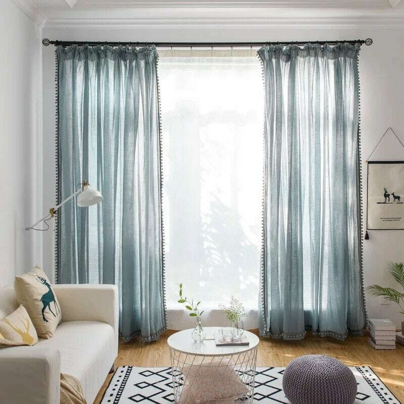Rémy Linen Semi-Sheer Curtains with Pom Pom Lace Trim in Haze Blue - Light Filtering Window Treatment for Bedroom & Living Room