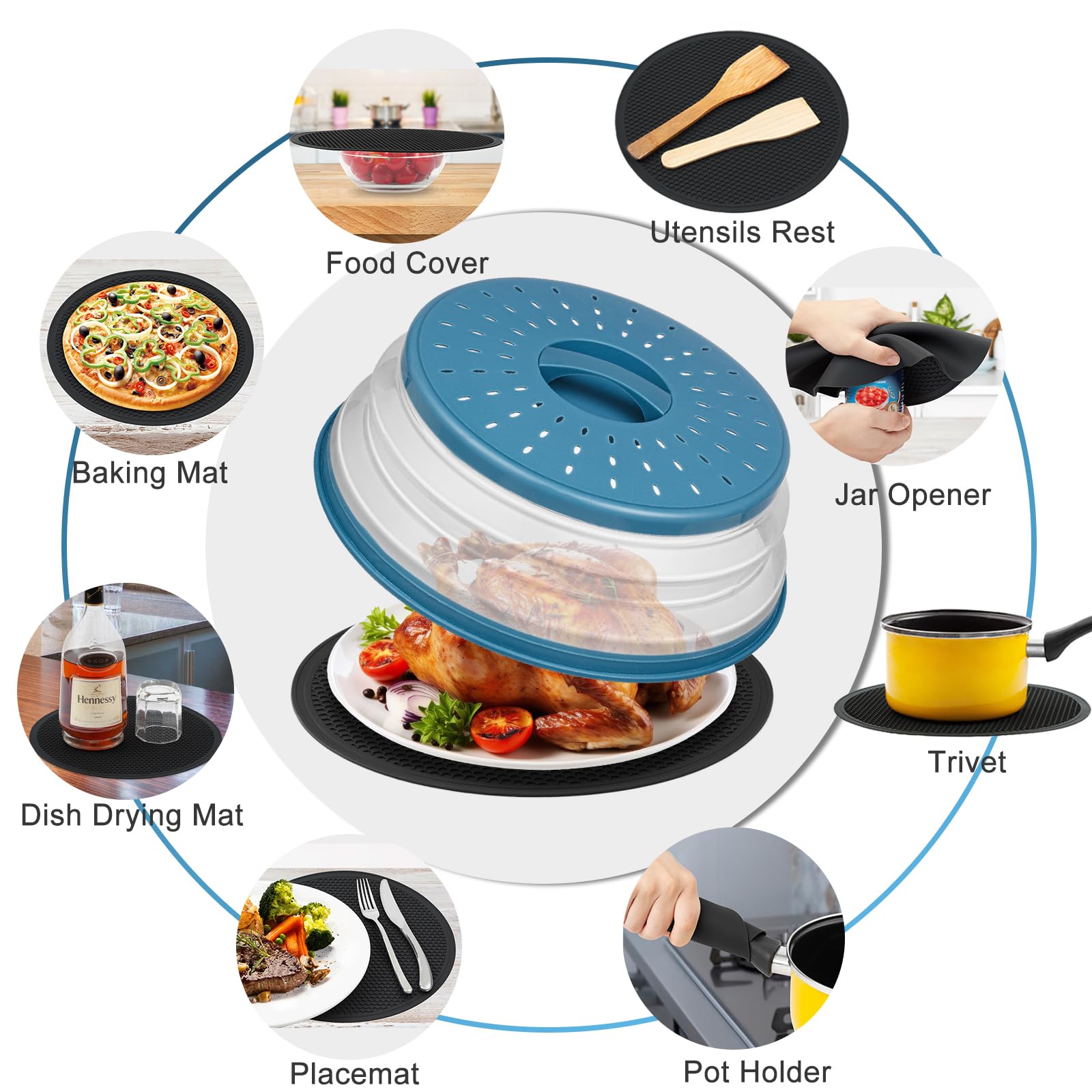 2-in-1 Microwave Splatter Cover & Food Mat Set - Collapsible Vented Lid for Bowls & Plates - BPA-Free Silicone & Plastic Kitchen Accessories - Perfect for Microwave Cooking, Meal Prep, and Countertop Protection
