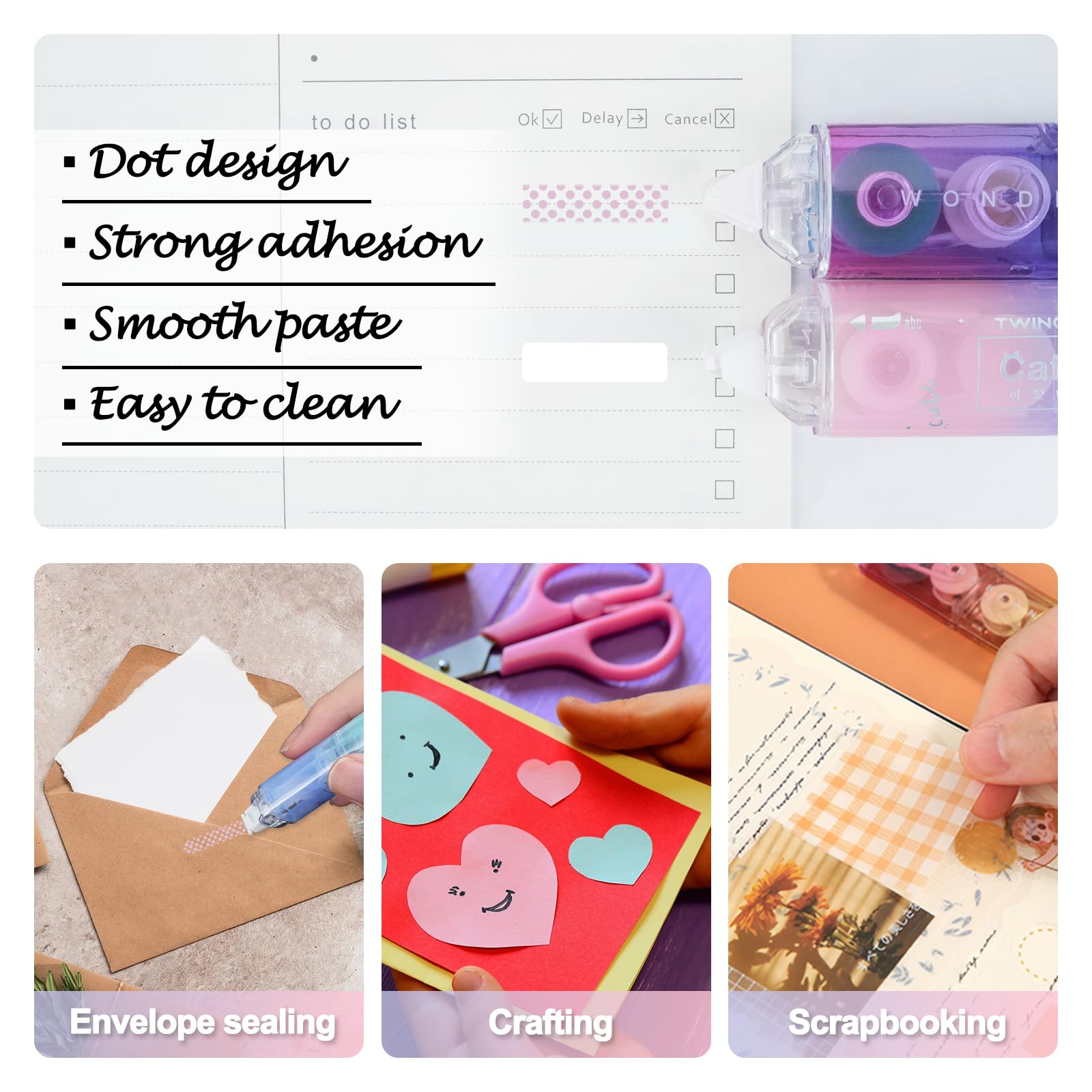 RETON 6-Pack White Correction Tape Set - 2-in-1 Correction Tape & Double-Sided Adhesive Roller with Cute Cat Paw Design - Perfect for School, Office, Scrapbooking & Craft Projects