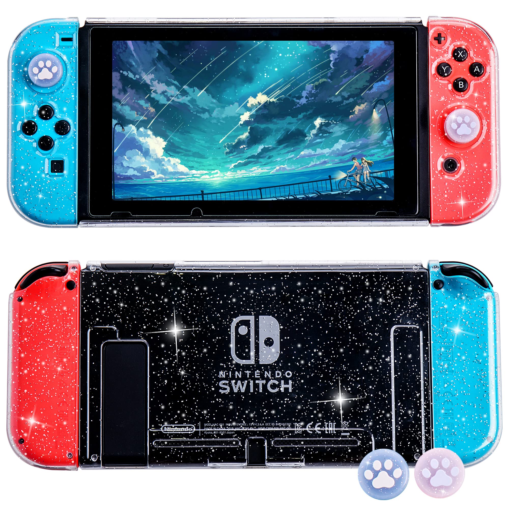 Glitter Clear Hard Shell Protective Case for Nintendo Switch & Joy-Con - Dockable Transparent Cover with 2 Bling Thumb Grips | Gaming Accessories for Travel & Home Entertainment