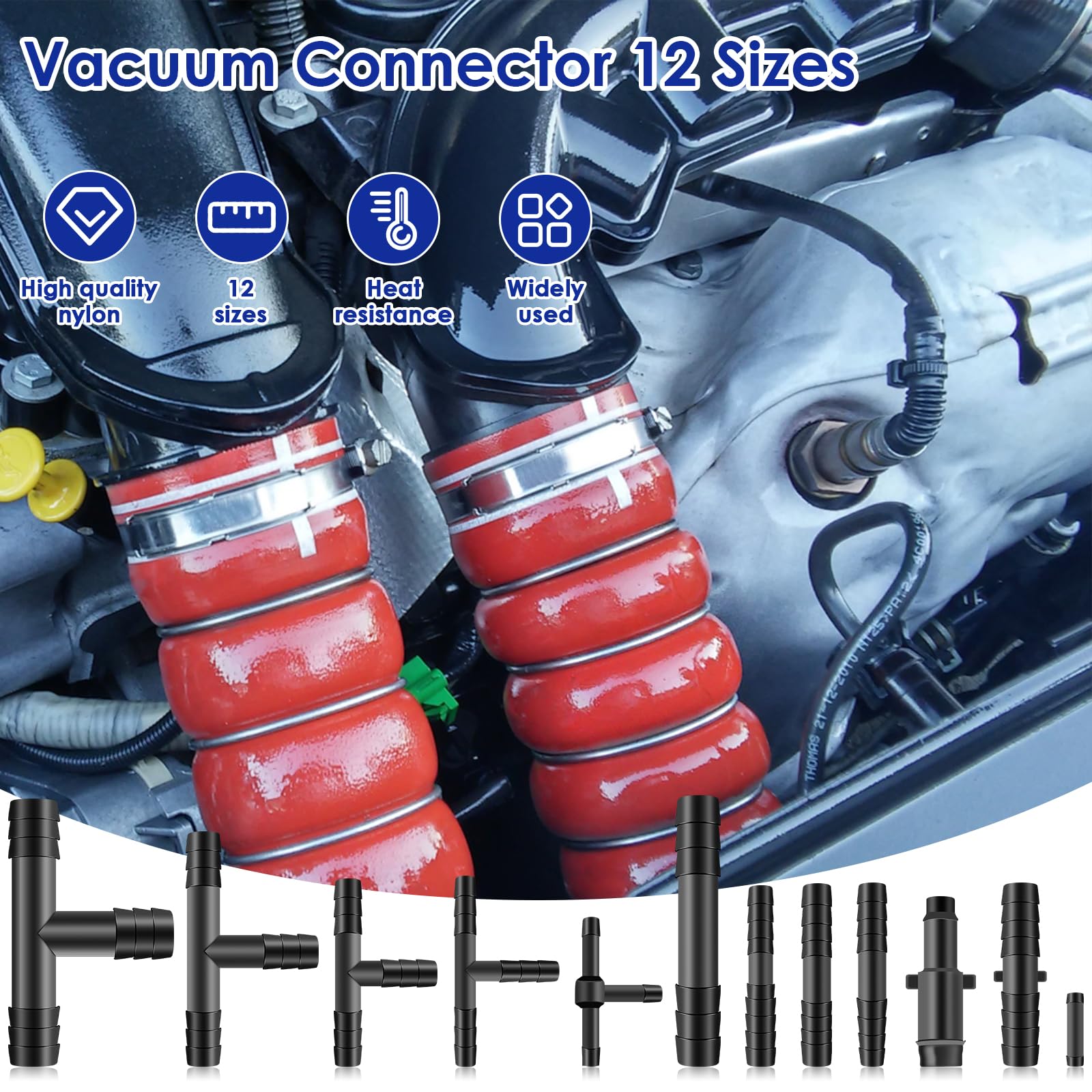 128 Pcs Nylon Vacuum Connector Assortment Kit - 12 Sizes Heat Resistant (240℃) Automotive Hose Fittings for Car, Truck, Marine & Industrial Use - Perfect for Engine Repairs, HVAC Systems & DIY Projects