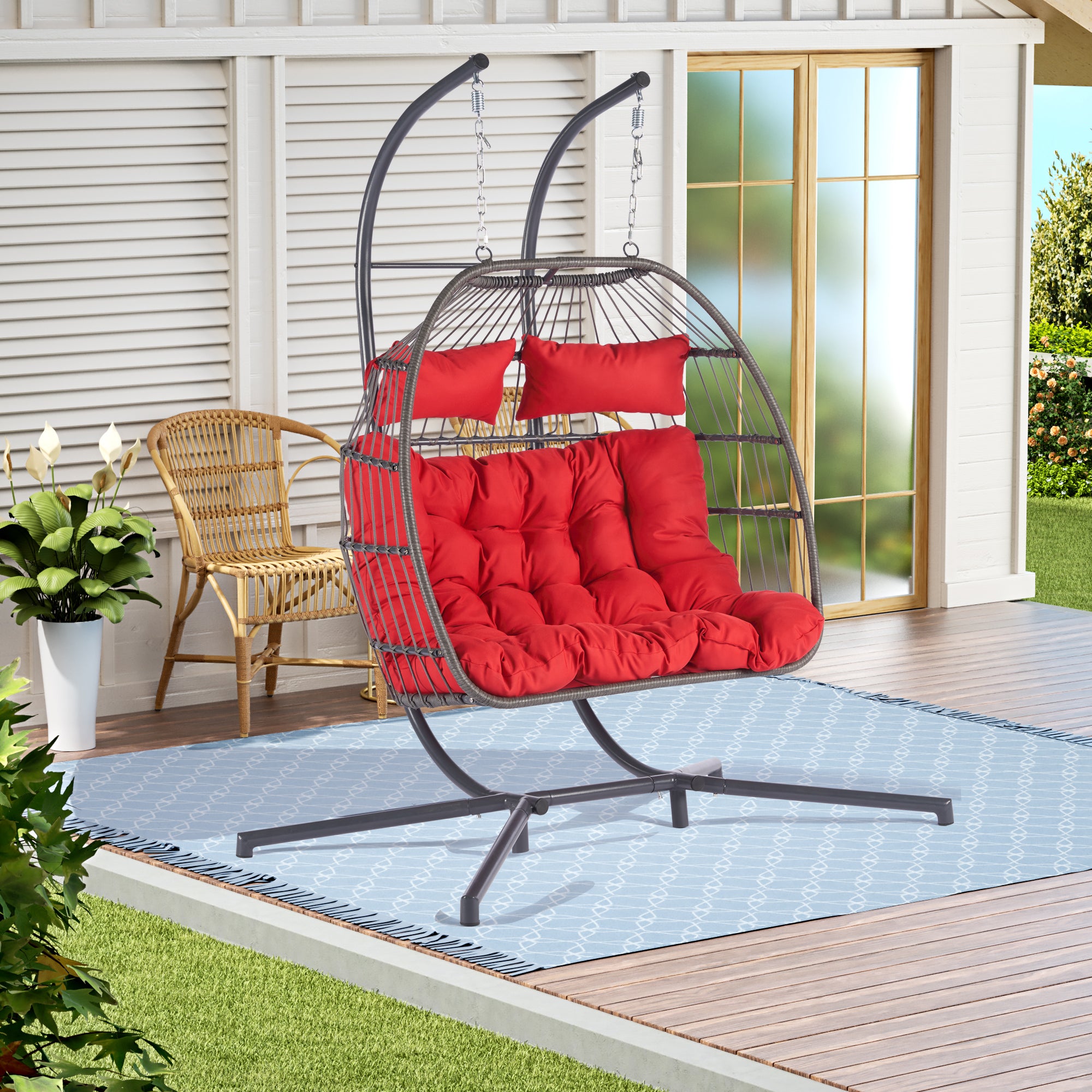 2 Person Outdoor Rattan Hanging Chair - Patio Wicker Egg Swing Chair for Garden, Balcony & Backyard - Perfect for Relaxing & Lounging