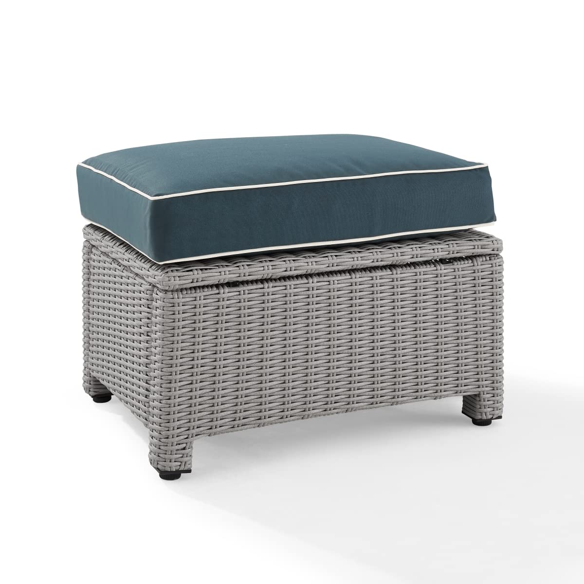 Crosley Bradenton Outdoor Wicker Ottoman with Navy Cushions - Gray Patio Furniture for Garden, Poolside & Deck Relaxation