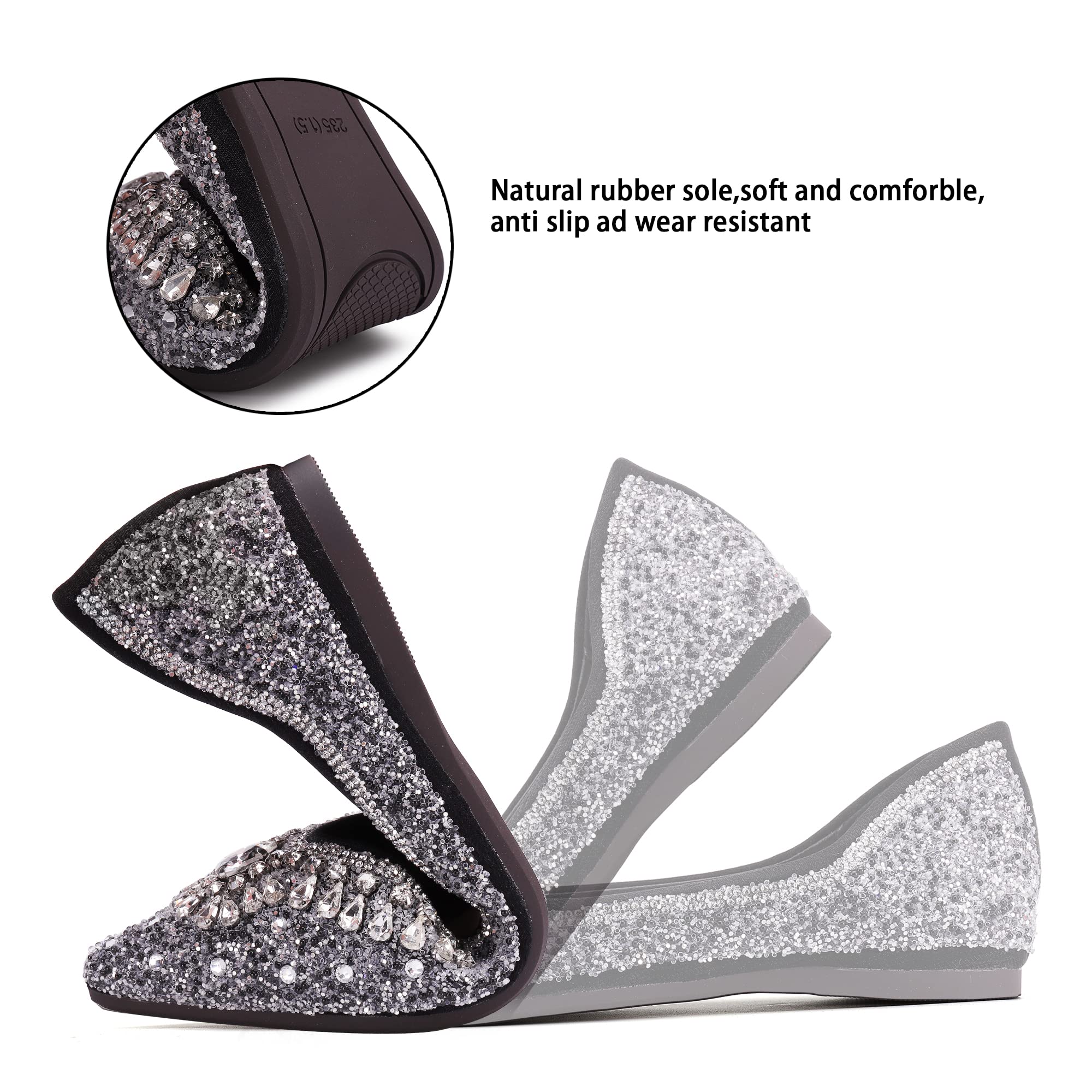 Sparkly Rhinestone Sequin Pointed Toe Flats for Women - Elegant Wedding & Evening Dress Shoes - Comfortable Formal Flats for Parties, Prom, Bridal Events & Special Occasions