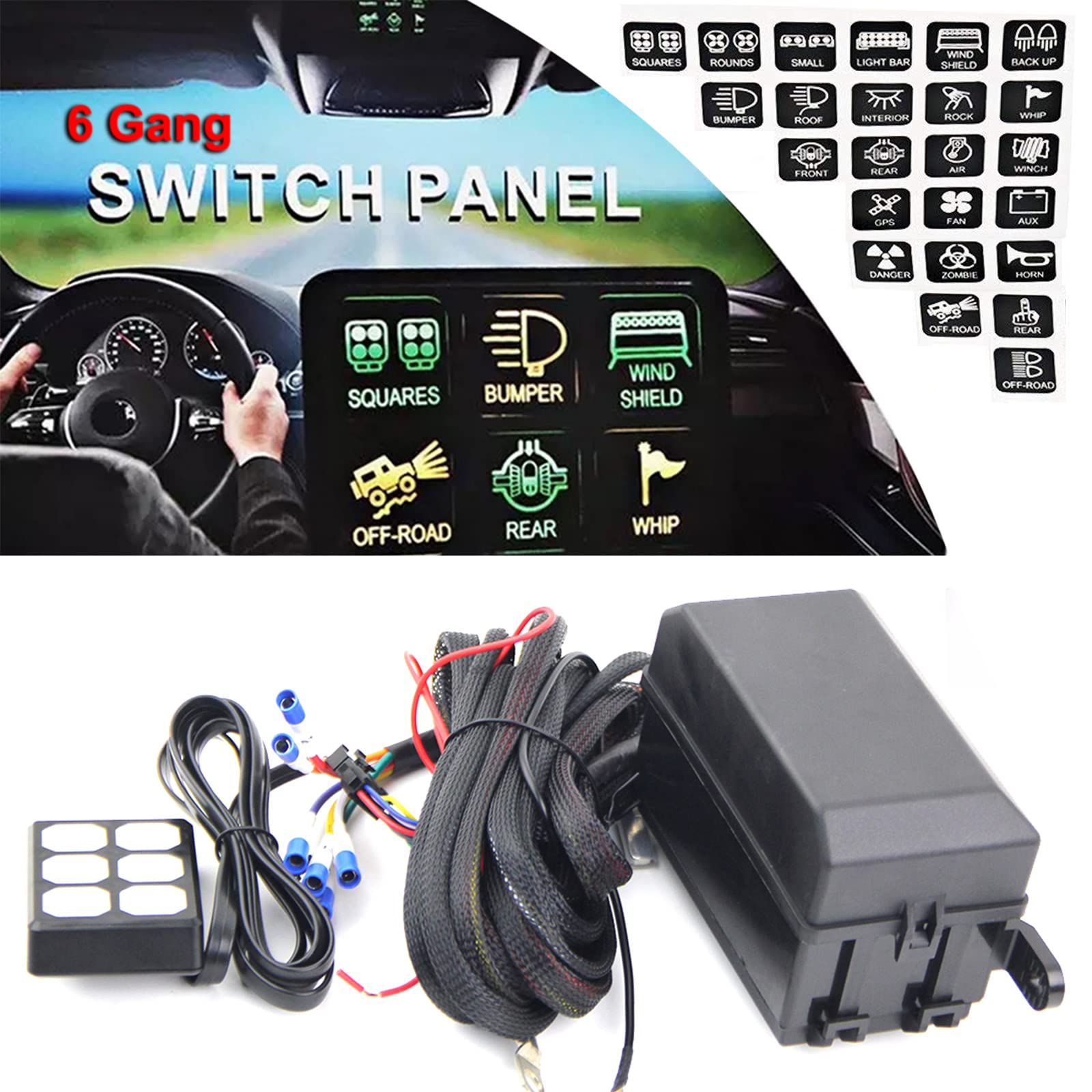 6 Gang Switch Panel - Universal Circuit Control Relay System with LED On/Off Buttons for Car, Truck, Boat, UTV & SUV | Waterproof Dash Control Panel for Off-Road, Marine & RV Use