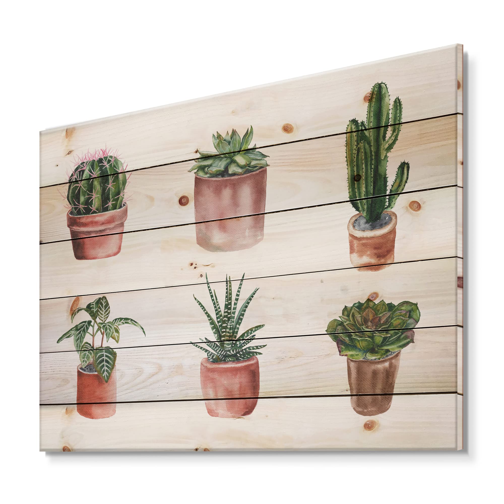DesignQ Flowers in Pot Cacti & Succulents Wood Wall Decor - Large Floral Pine Wood Wall Art Panels for Living Room, Bedroom & Office Decor