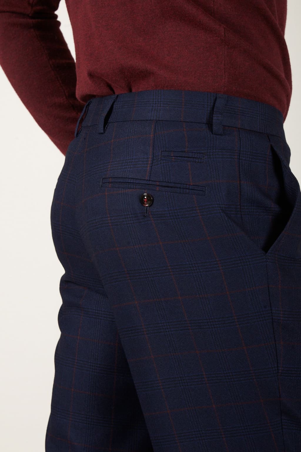 Marc Darcy Edinson Navy Check Trousers for Men - Classic Slim Fit Formal Pants for Office, Business & Wedding Occasions