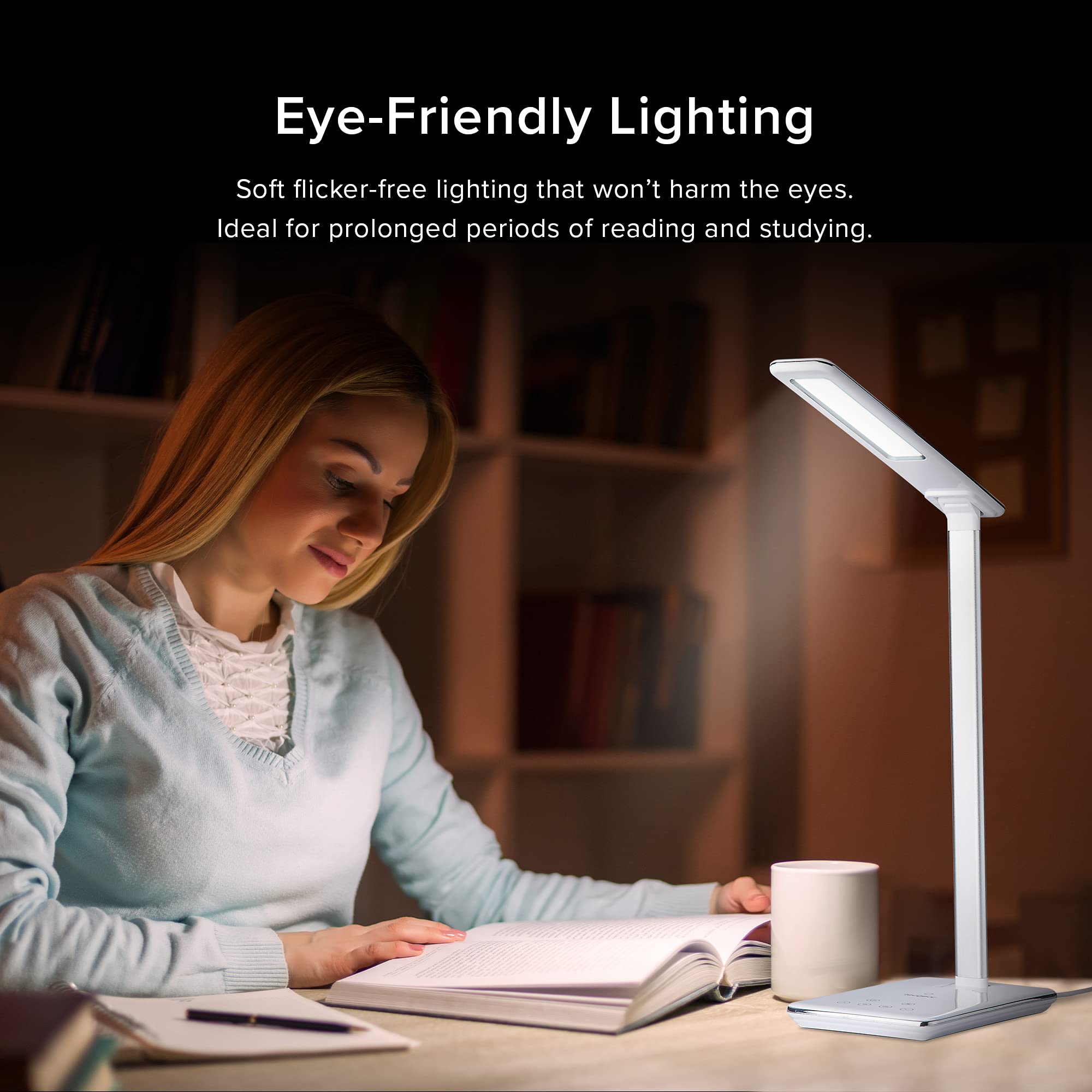 Multifunctional LED Desk Lamp with Wireless Charger & USB Port - 4 Light Modes, 6 Brightness Levels, Touch Control - Auto Timer (30/60 Min) - Eye-Caring Office Study Lamp with Adapter (White) - Perfect for Home Office, Dorm Room & Night Reading