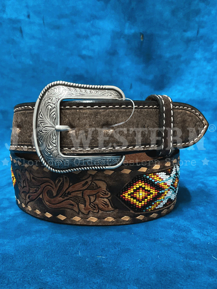 D100013402 Men's 3D Buck Lacing Beaded Inlay Leather Belt - Brown Western Style Belt for Cowboy Boots & Jeans | Perfect for Rodeo, Country Music Festivals & Casual Wear