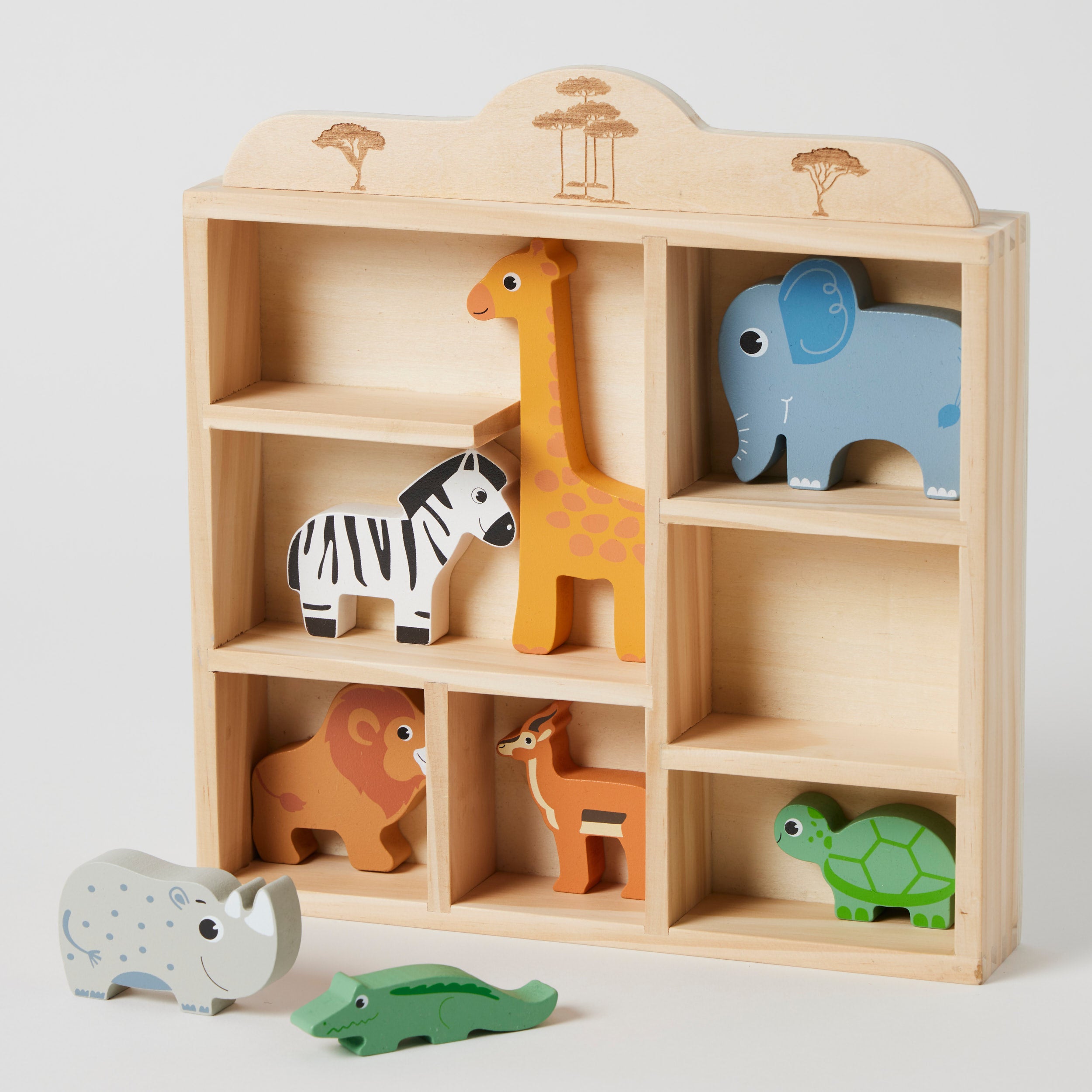Safari Animals Wooden Playset with Display Shelf - Kids Educational Toy for Learning & Room Decor - Perfect for Playtime, Gifts & Nursery Decorations