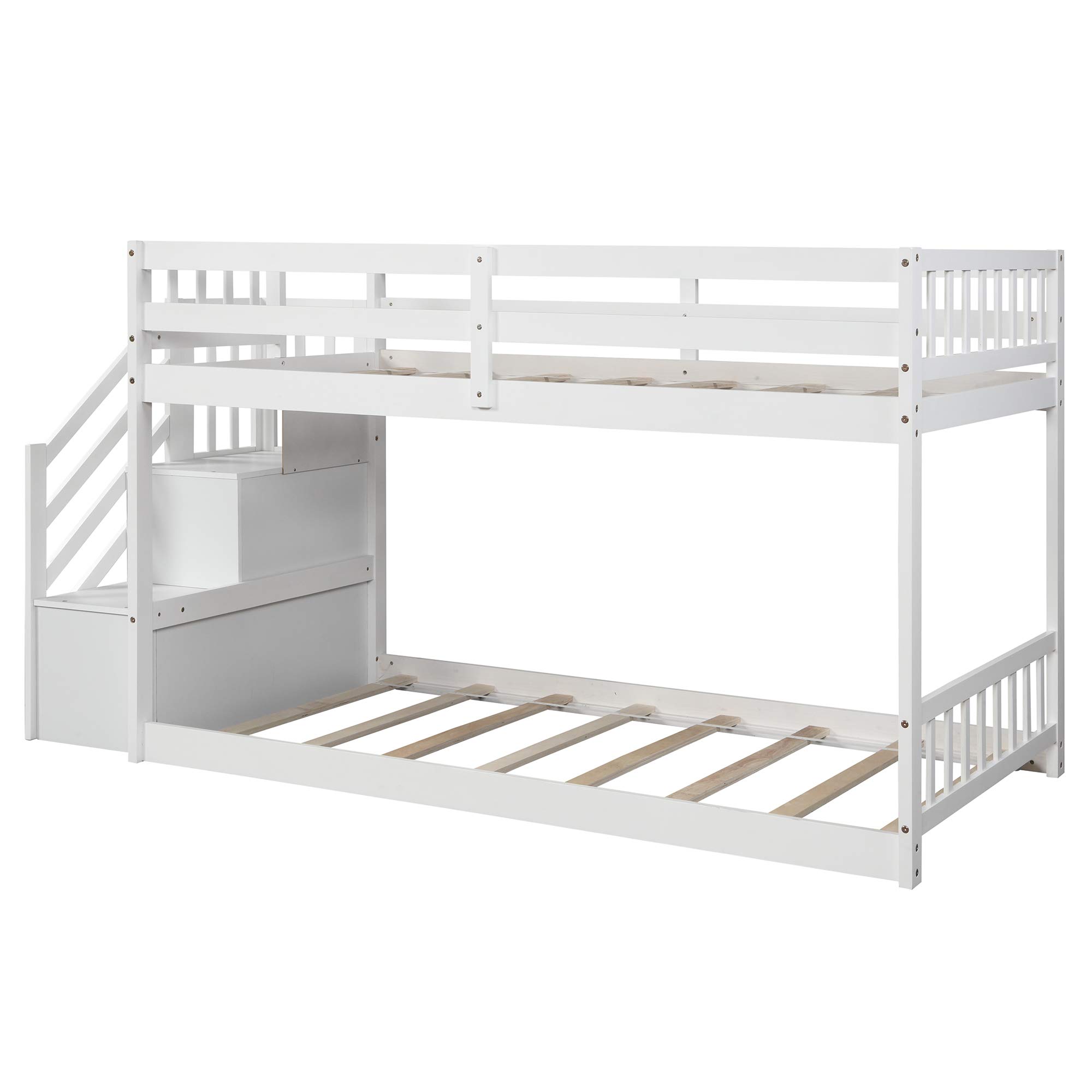 Twin Size Bunk Bed with Storage Staircase for Kids & Teens - Space-Saving White Bunk Bed, No Box Spring Needed - Perfect for Small Bedrooms, Guest Rooms & Dormitories