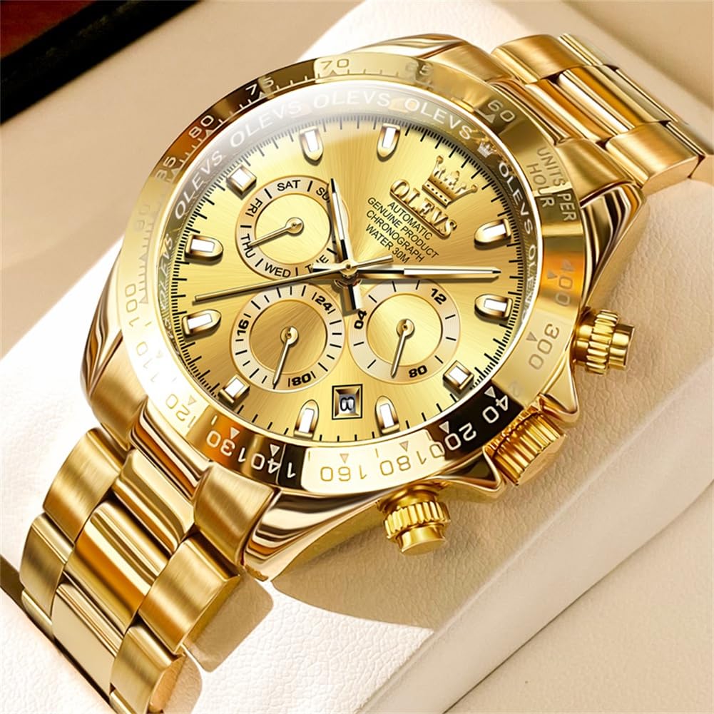 OLEVS Automatic Gold Watches for Men - Luxury Classic Stainless Steel Calendar Luminous Waterproof Watch - Perfect for Business, Formal Events & Everyday Wear