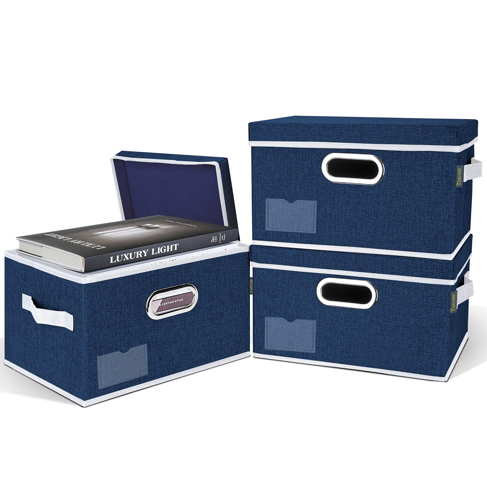 BALEINE Foldable Storage Bins with Lids - 3 Pack Medium Blue Fabric Closet Organizers for Bedroom, Office & Home Organization | Space-Saving Collapsible Design for Clothes, Toys & Seasonal Items