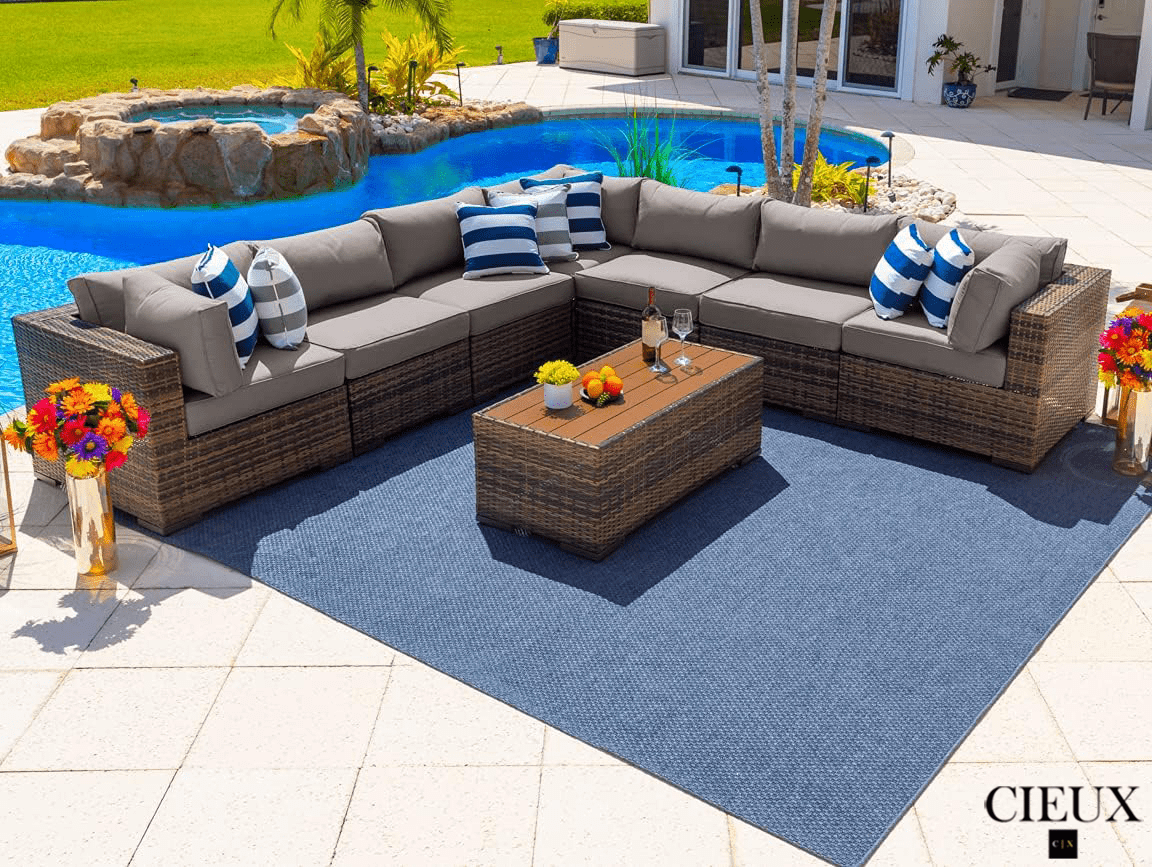 Valence Outdoor Patio Wicker Large Corner Sectional Sofa Set with Coffee Table - Brown Rattan Furniture & Sunbrella Taupe Cushions - Perfect for Backyard, Poolside & Garden Relaxation