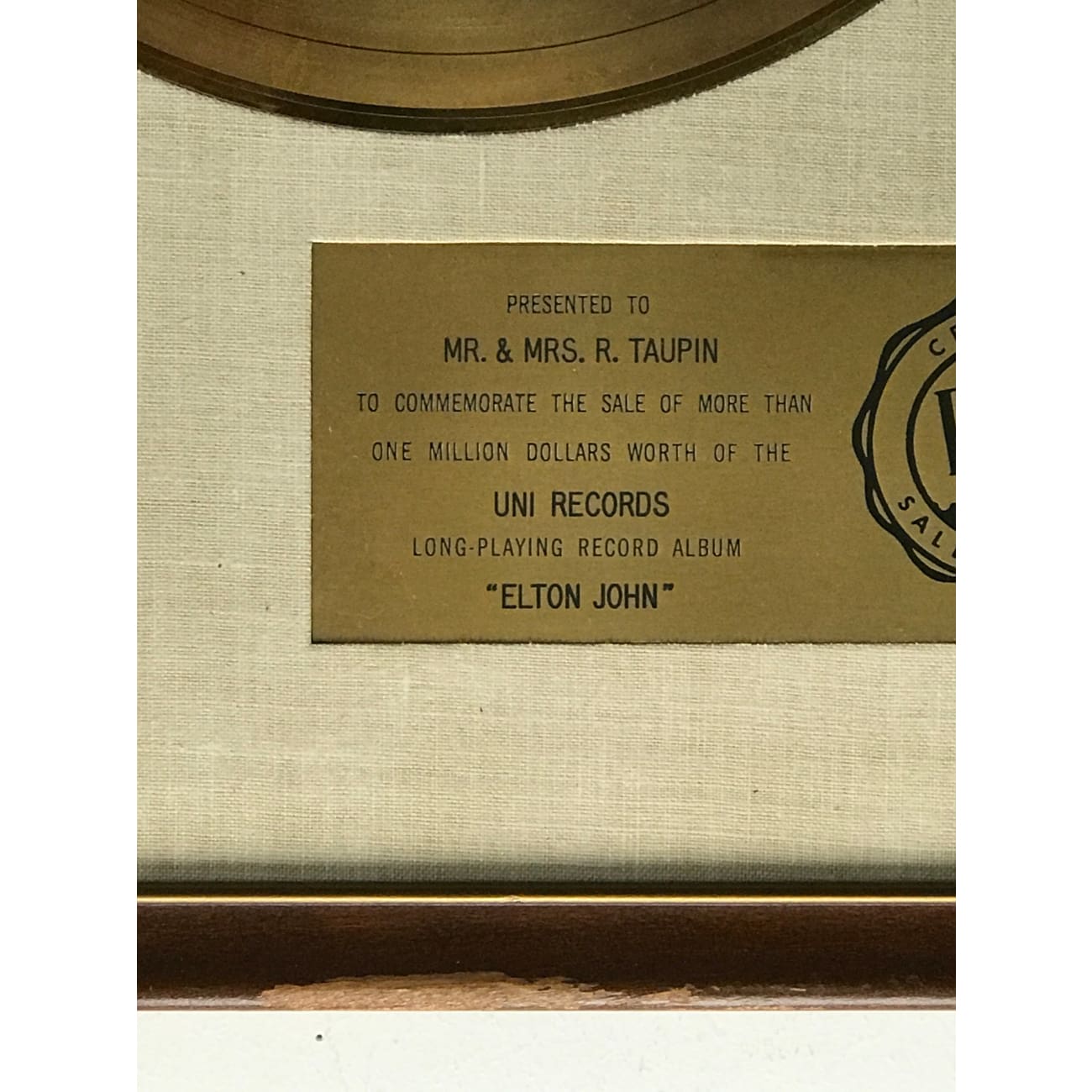 Elton John 1970 Debut RIAA Gold LP Award - Rare Collectible Vinyl Record for Music Enthusiasts | Perfect for Display in Home Theater, Music Room or Collector's Showcase