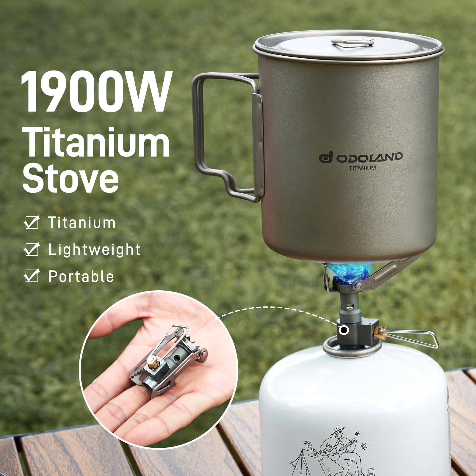Odoland 750ML Titanium Camping Cookware Set - Lightweight Titanium Pot with Portable Camping Stove & Spork - Perfect for Backpacking, Hiking, Travel, Picnics & Outdoor Adventures