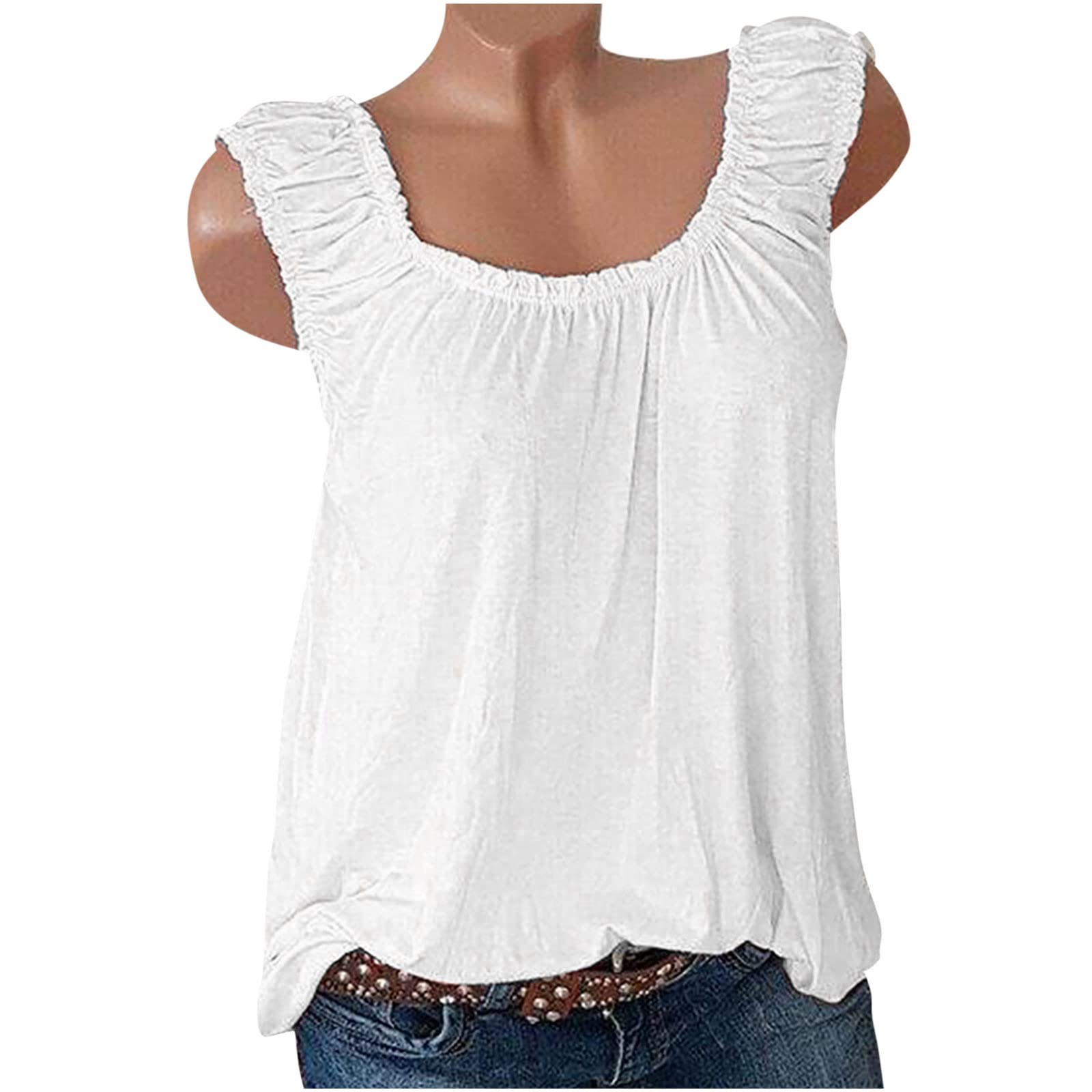 Women's Cute Summer Tank Tops - Loose Fit Ruffle Blouse with Round Neck & Sleeveless Design - Flowy Casual Vest Shirts for Beach, Vacation & Everyday Wear
