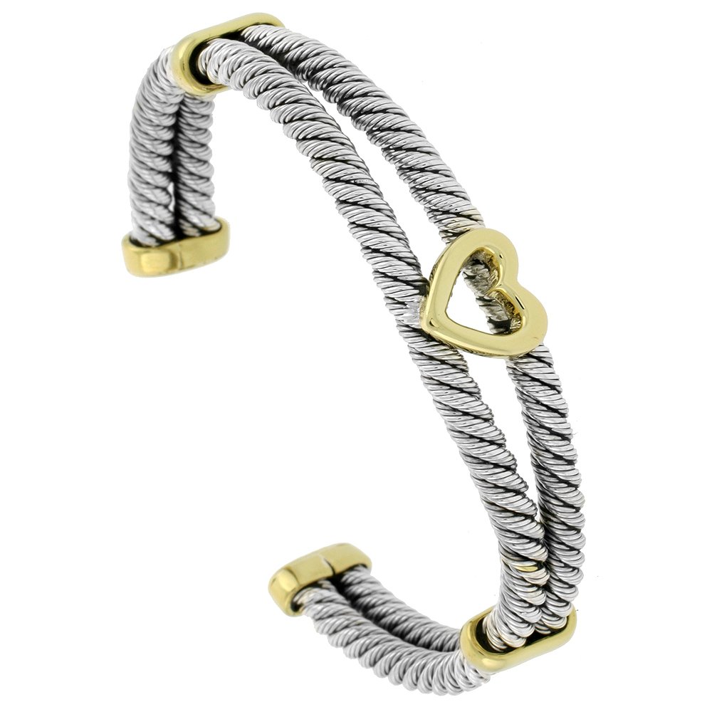 Sterling Silver & Brass Double Cable Cuff Bracelet with Heart Charm - 1/2 Inch Wide - Elegant Jewelry for Women - Perfect for Date Night, Gifts & Special Occasions