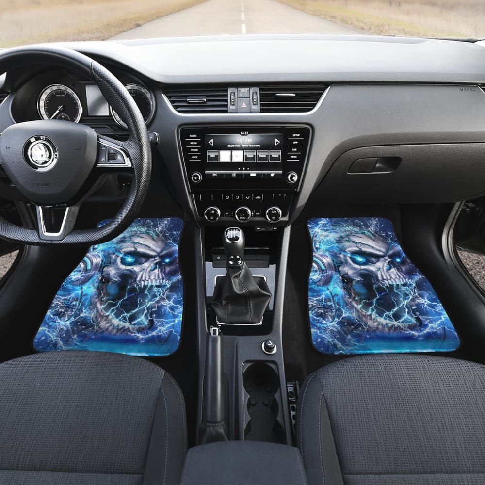 Premium Gothic Skull Car Floor Mats with Blue Music Headphones Design - Durable & Stylish Car Accessories for Music Lovers & Gothic Style Enthusiasts - Perfect for Cars, Trucks & SUVs
