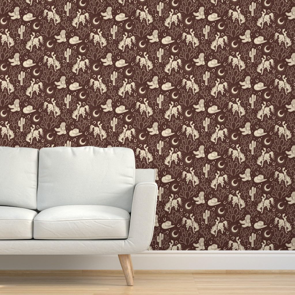 Southwest Brown Boots Cactus Ranch Peel & Stick Removable Wallpaper - Cowboy Hat & Moon Design - Self-Adhesive Wall Decor for Bedroom, Living Room, Kitchen Backsplash