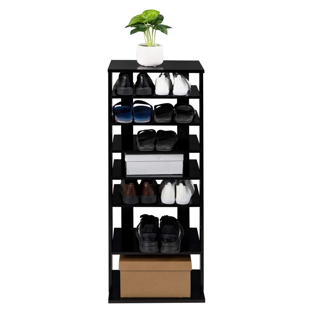 7-Tier Shoe Rack Organizer - Space Saving Vertical Shoe Storage Shelf for Entryway, Closet & Bedroom - Sturdy Wooden Shoe Shelf with Adjustable Heights in Black - Perfect for Small Spaces & Shoe Collection Organization