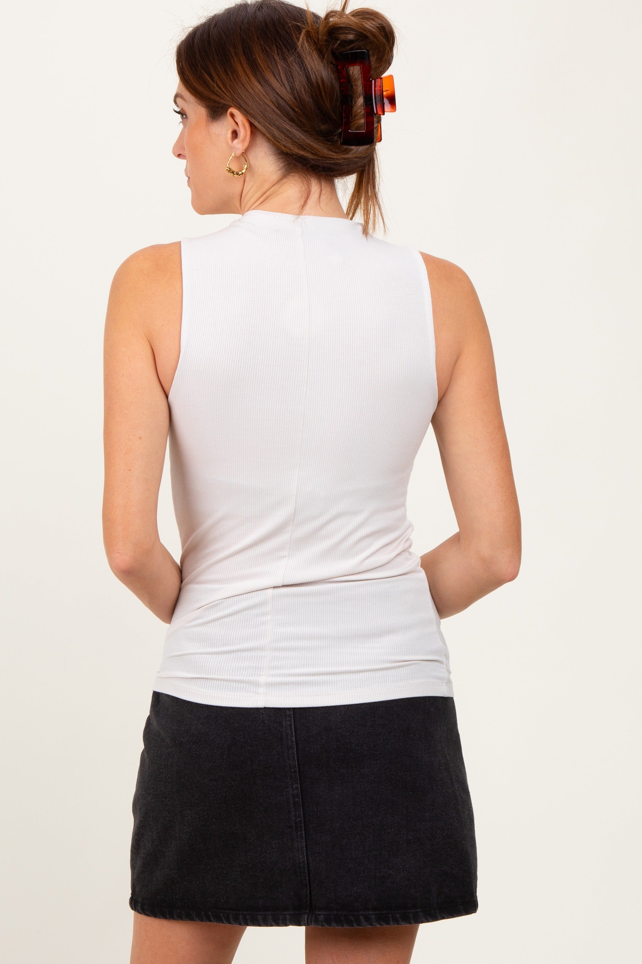 Beige Ribbed Sleeveless Mock Neck Top for Women - Stretchy Knit Casual Shirt - Perfect for Layering, Office Wear & Date Night Outfits