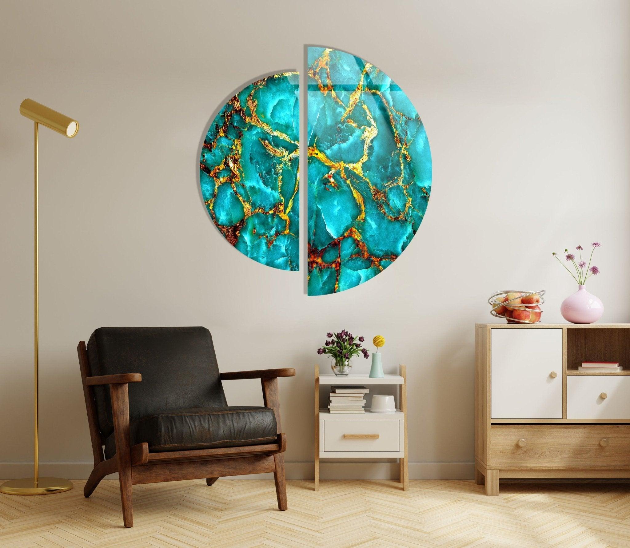 2 Piece Green & Gold Marble Glass Wall Art Set - Modern Abstract Home Decor for Living Room, Bedroom, Office - Shatterproof Tempered Glass Hanging Art Panels