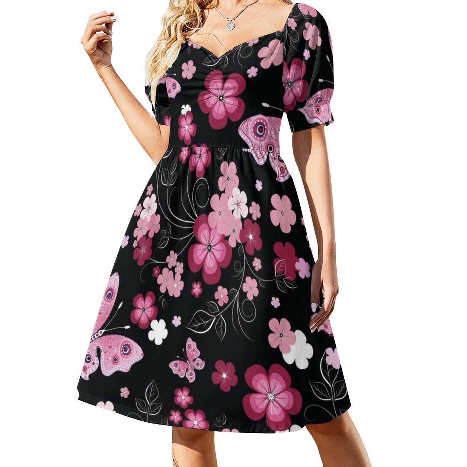 NiYoung Women's Summer Short Sleeve Party Dress - Casual Flowy Pleated Midi Dress for Beach, Wedding & Cocktail Events