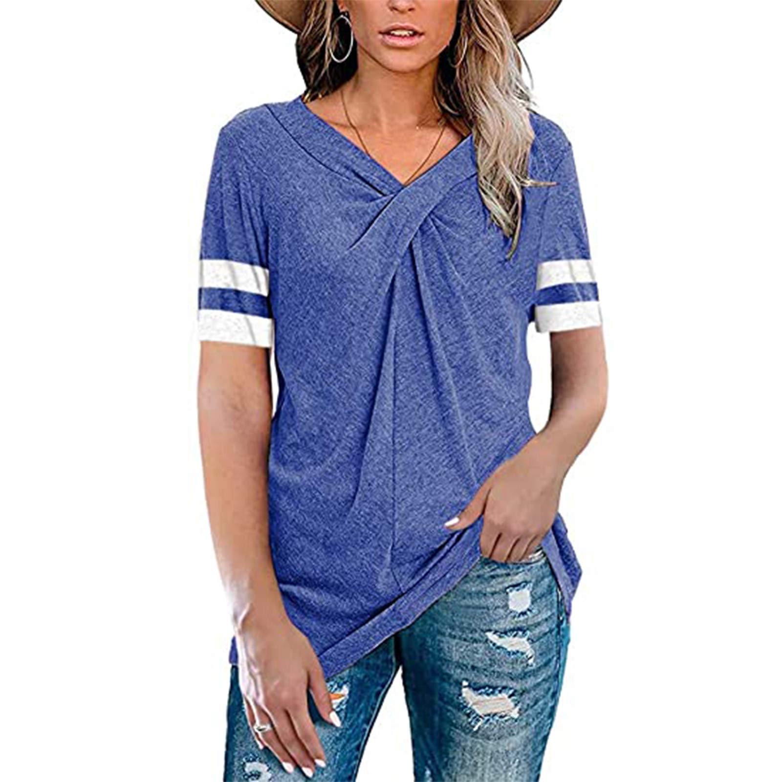 Women's V-Neck Short Sleeve Summer T-Shirt - Cross Knot Loose Casual Tunic Top for Women | Breathable & Comfortable for Beach, Travel & Everyday Wear
