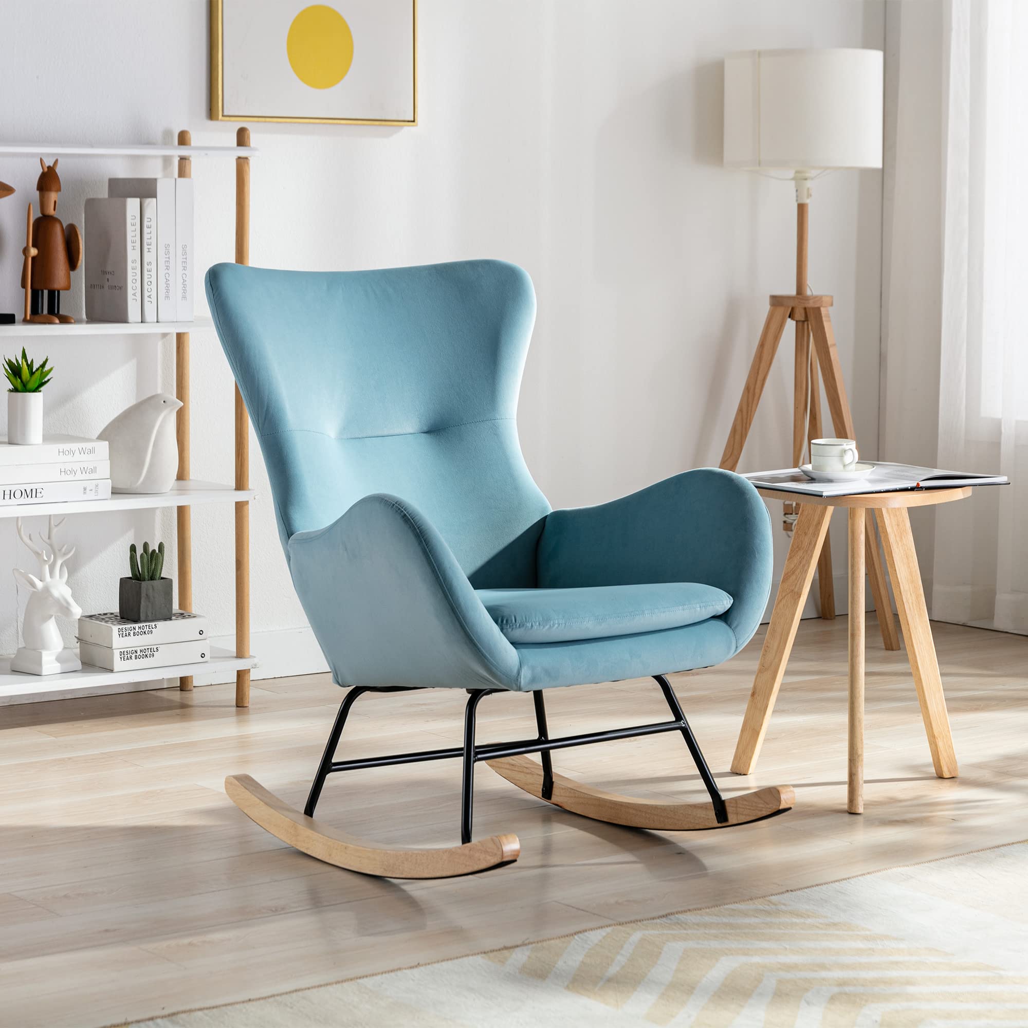 Bellemave Small Velvet Rocking Accent Chair - Modern Upholstered Nursery Rocker Armchair, Comfy Side Chair for Baby Nursery, Living Room, Bedroom - Light Blue Velvet Fabric - Perfect for Nursing, Reading & Relaxing