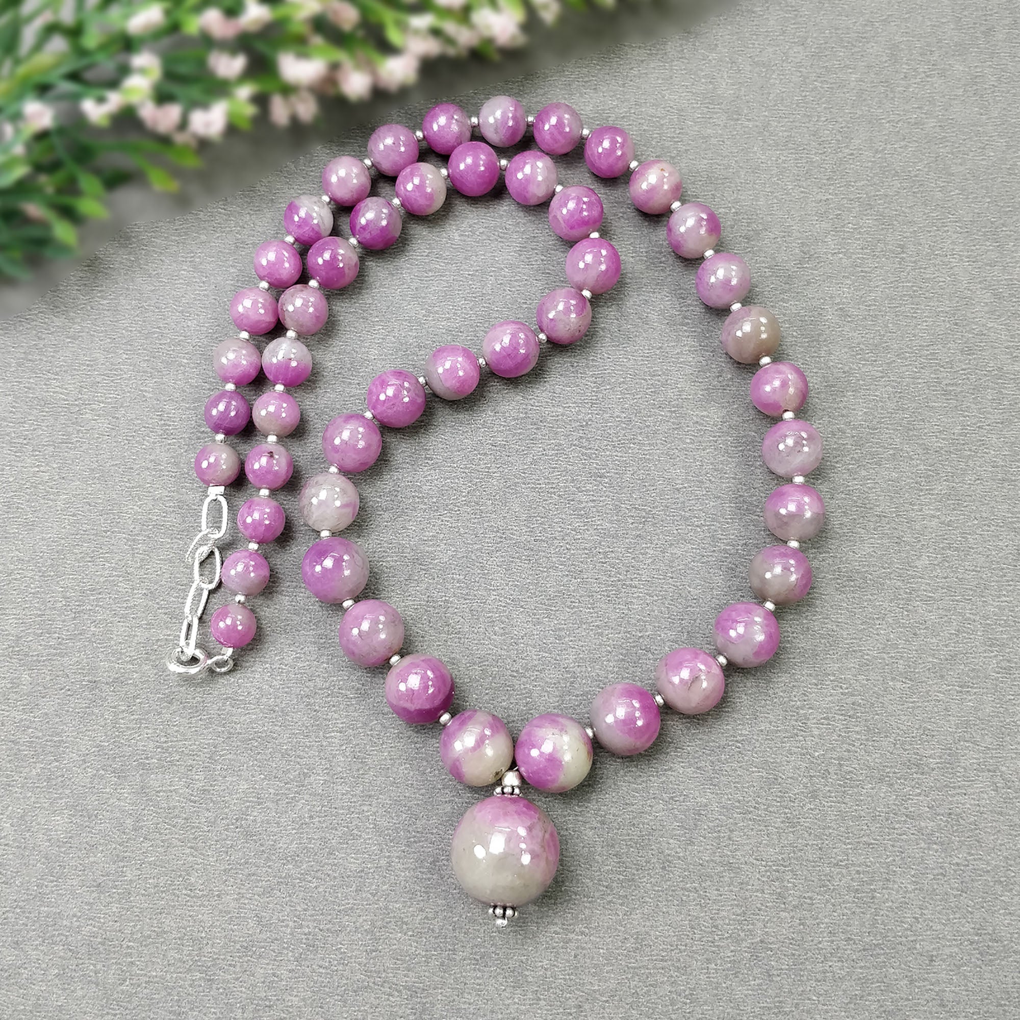 Natural Untreated Bi-Color Ruby Zoisite Gemstone Necklace - 284.85cts Genuine Ruby Beads with 925 Sterling Silver (6.5mm-19mm) - Elegant Jewelry for Women, Gift for Anniversary & Special Occasions